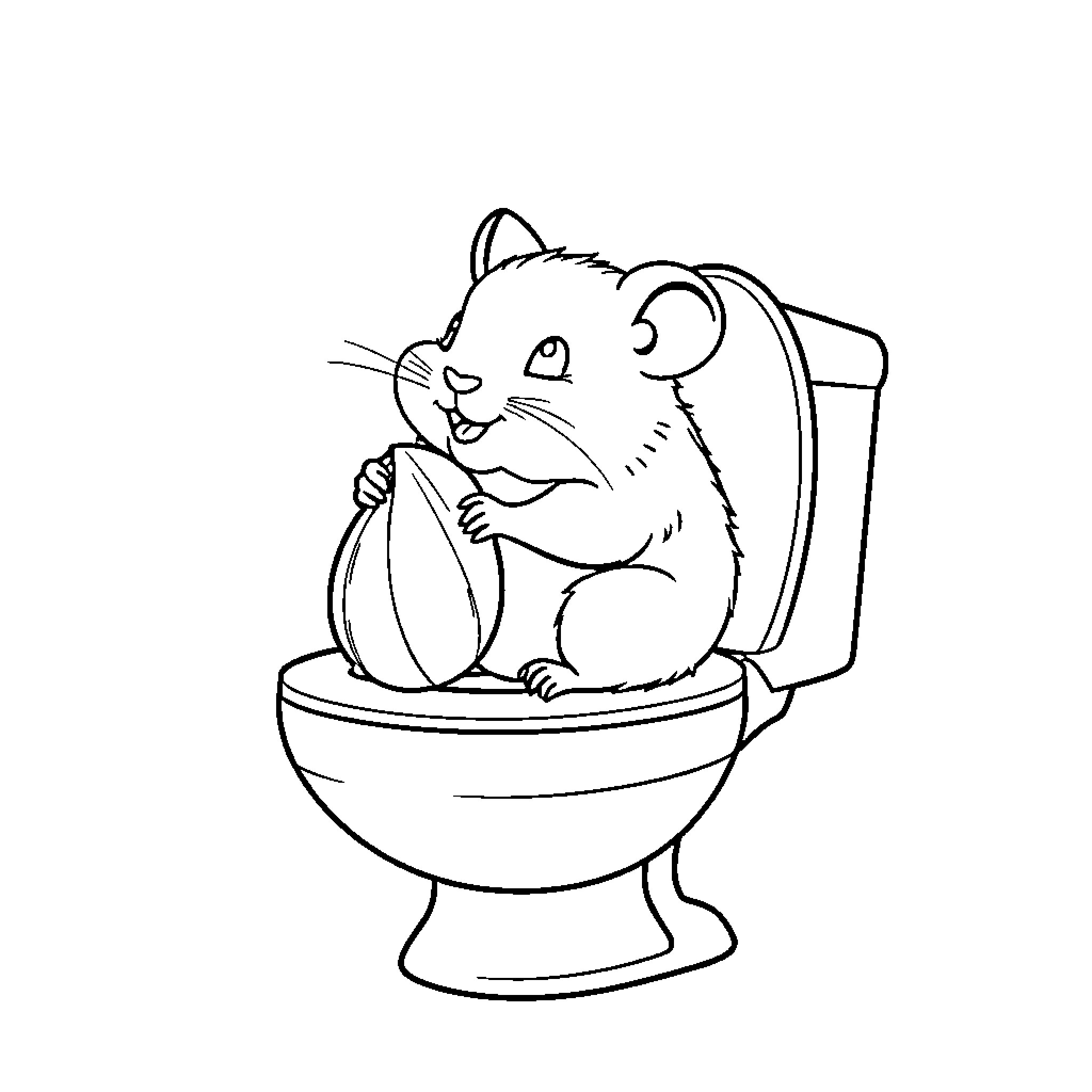 Hamster using the toilet Coloring Page (free black-and-white line drawing printable PDF for all, from beginners to advanced learners, including children, teens, adults, and seniors)