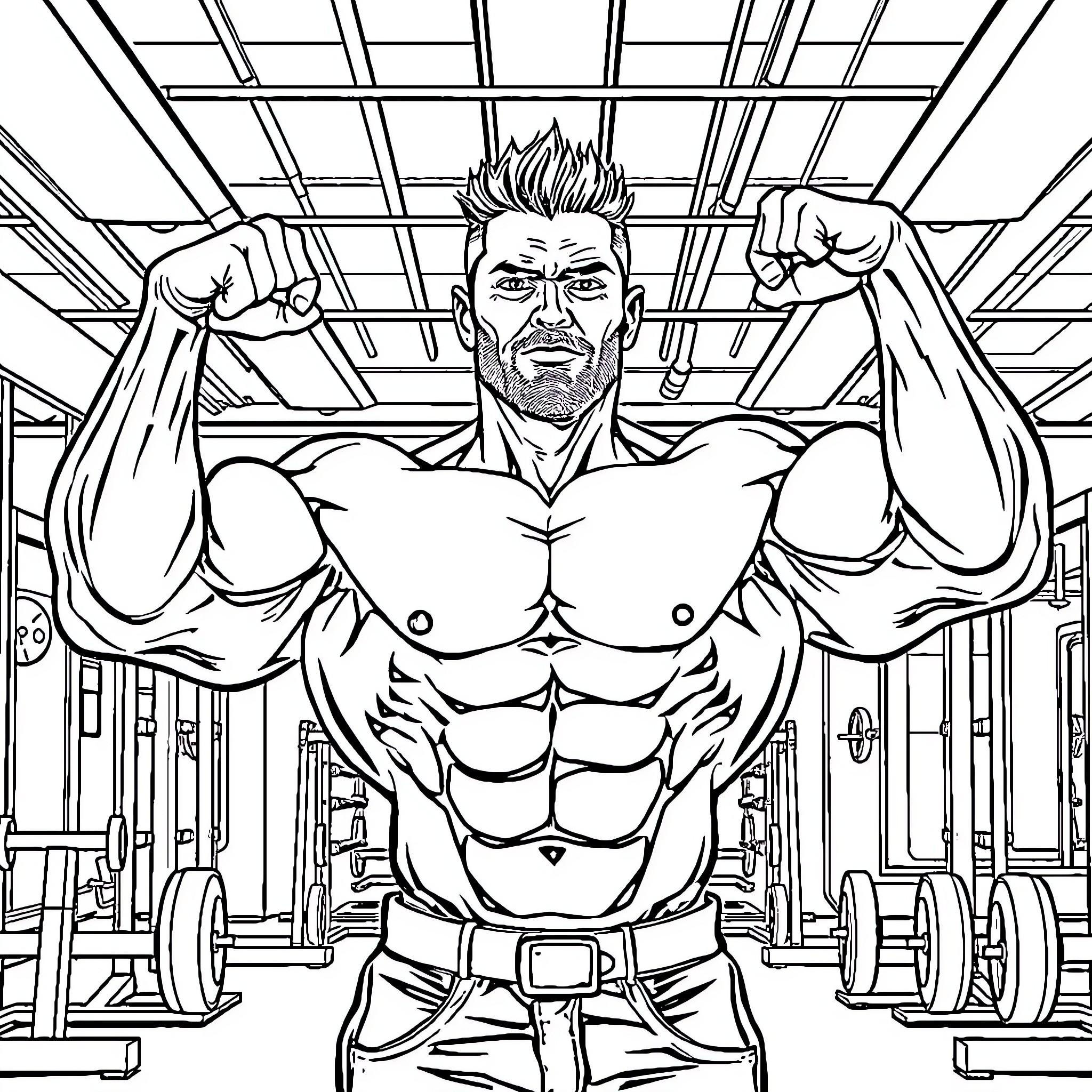 Bodybuilder flexing muscles in a gym setting Coloring Page (free black-and-white line drawing printable PDF for all, from beginners to advanced learners, including children, teens, adults, and seniors)