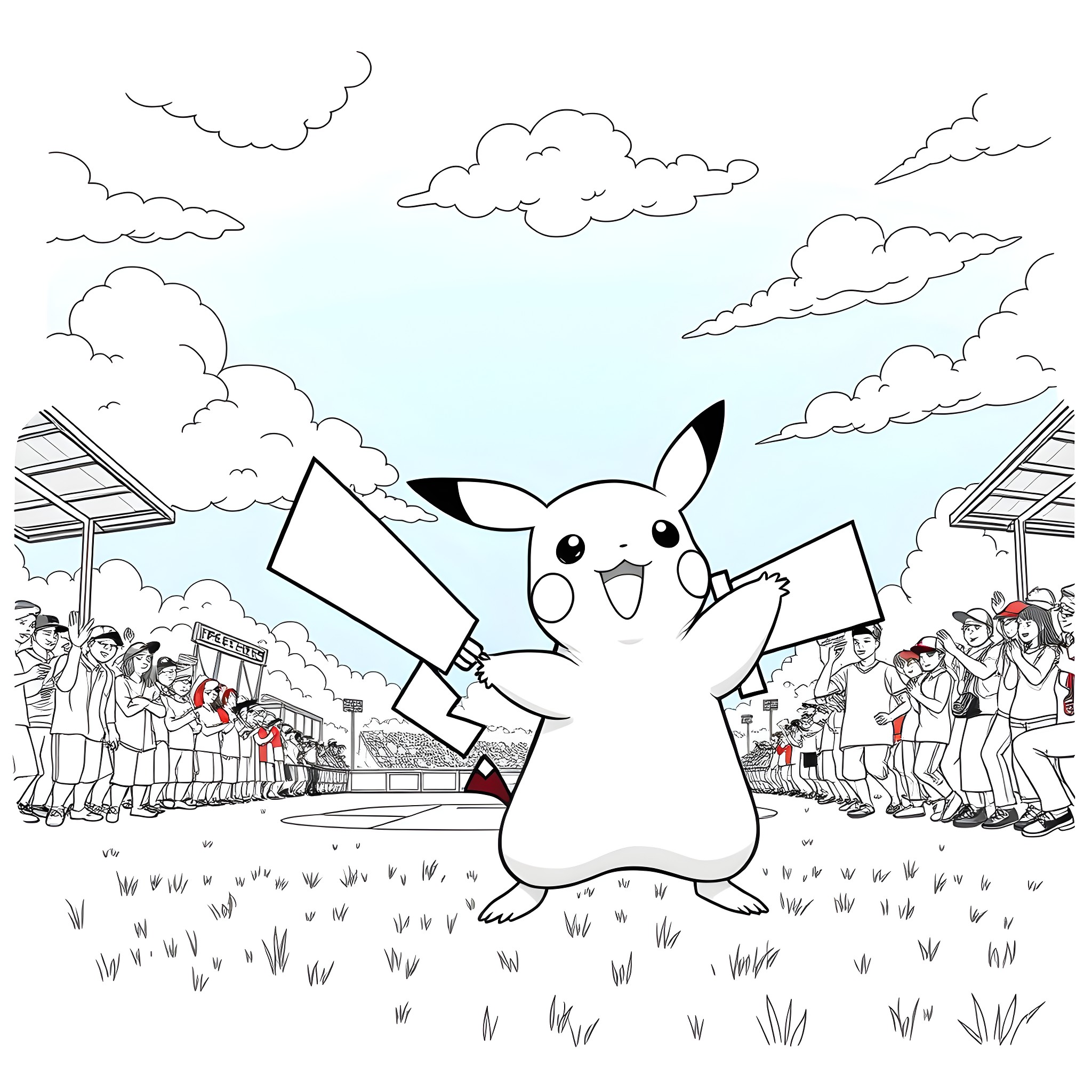 Pikachu celebrating cheerfully with a crowd Coloring Page (free black-and-white line drawing printable PDF for all, from beginners to advanced learners, including children, teens, adults, and seniors)