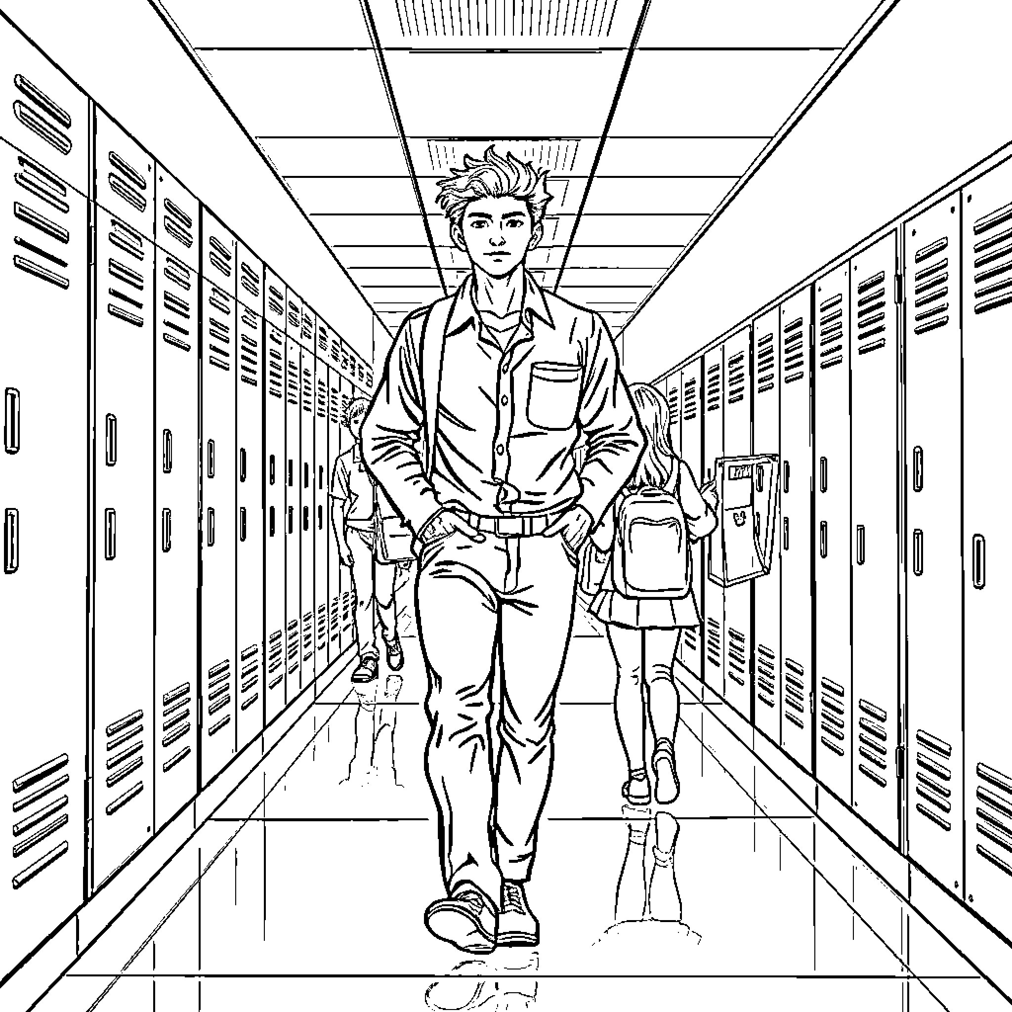 School Student Walking Through Lockers Coloring Page (free black-and-white line drawing printable PDF for all, from beginners to advanced learners, including children, teens, adults, and seniors)