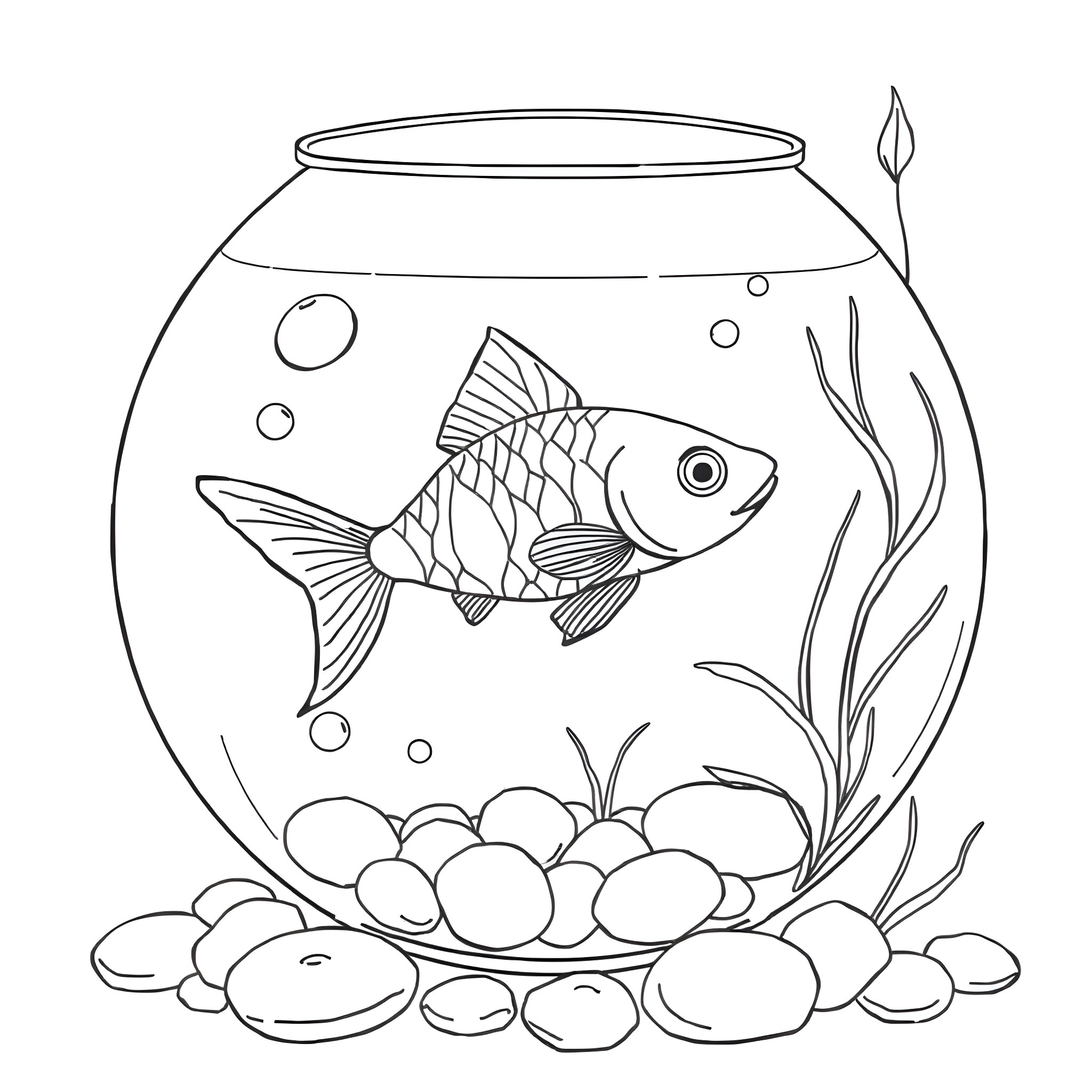 Fish swimming in a fish bowl Coloring Page (free black-and-white line drawing printable PDF for all, from beginners to advanced learners, including children, teens, adults, and seniors)