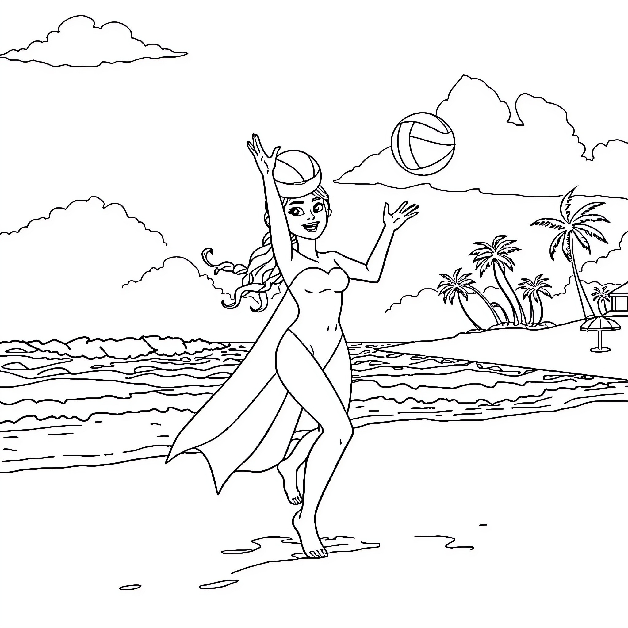 Elsa playing joyfully on the beach Coloring Page (free black-and-white line drawing printable PDF for all, from beginners to advanced learners, including children, teens, adults, and seniors)