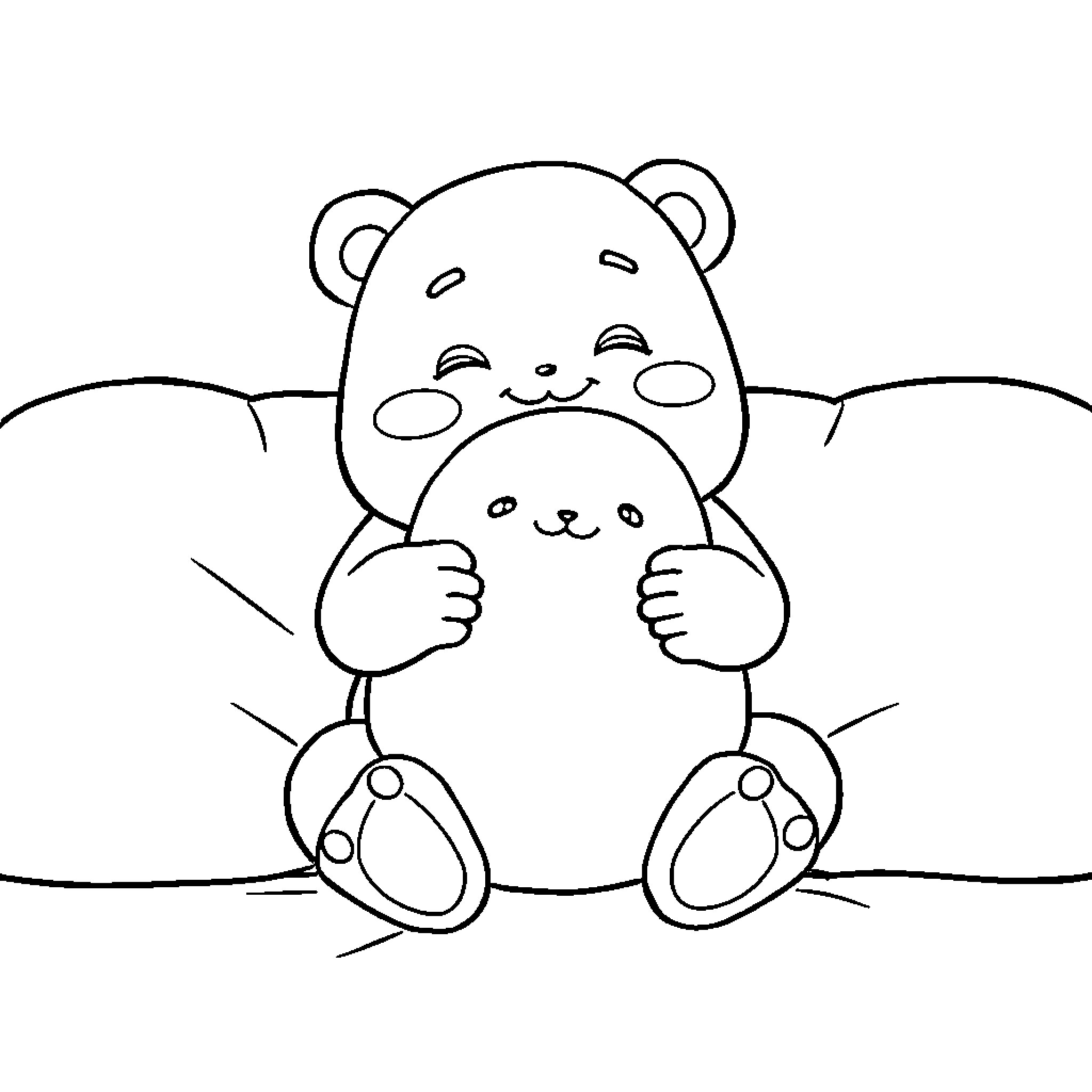 Labubu Caring for Baby Bear Coloring Page (free black-and-white line drawing printable PDF for all, from beginners to advanced learners, including children, teens, adults, and seniors)