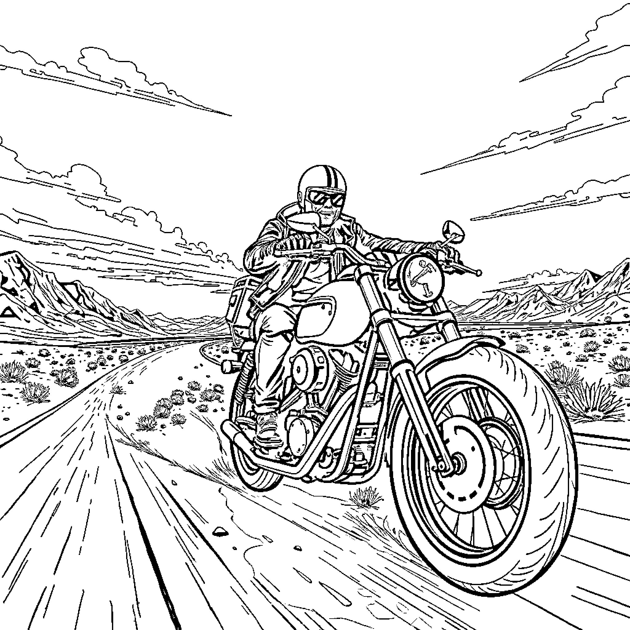 Biker riding powerful motorcycle through rocky landscape Coloring Page (free black-and-white line drawing printable PDF for all, from beginners to advanced learners, including children, teens, adults, and seniors)
