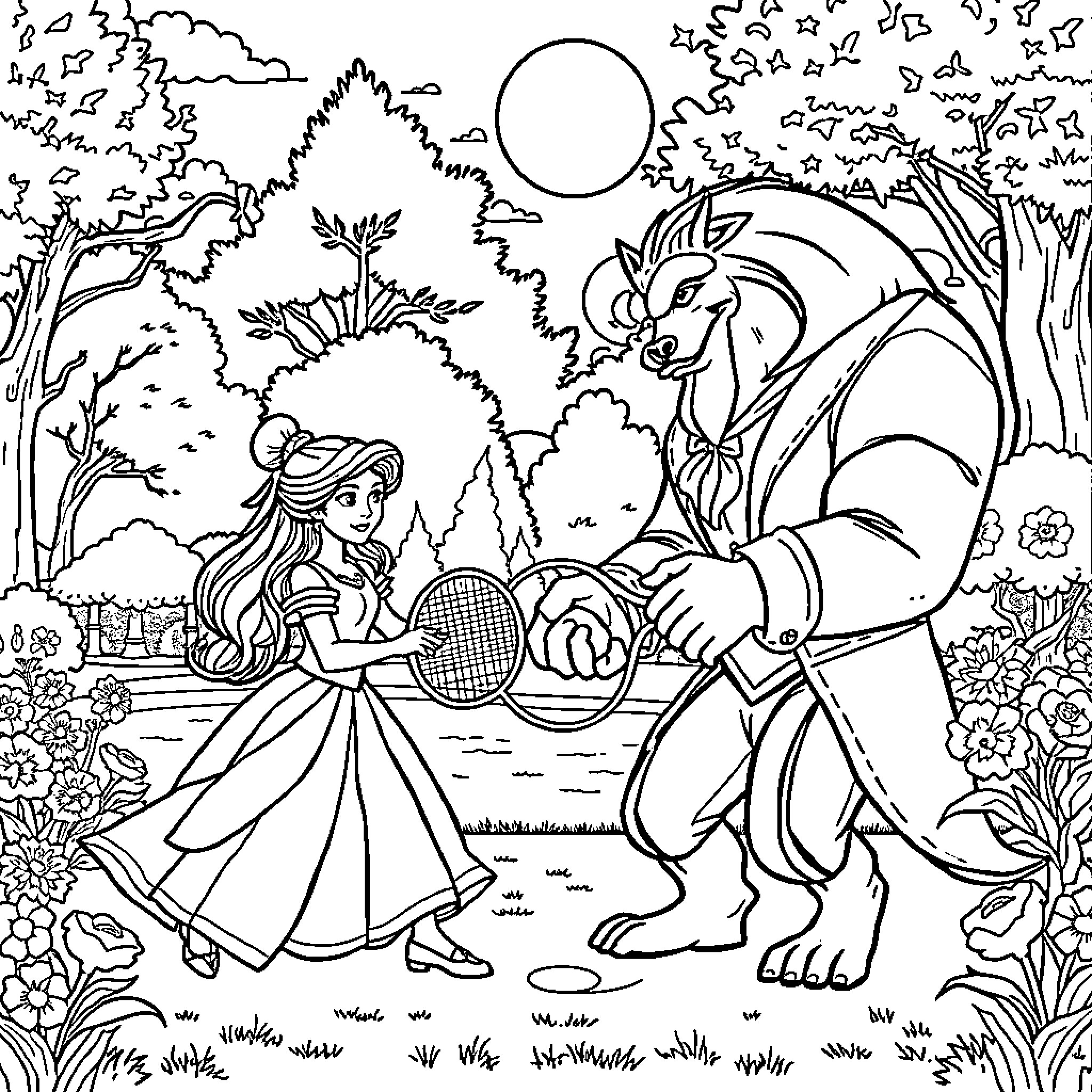 Beauty And The Beast Playing Tennis In The Garden Coloring Page (free black-and-white line drawing printable PDF for all, from beginners to advanced learners, including children, teens, adults, and seniors)
