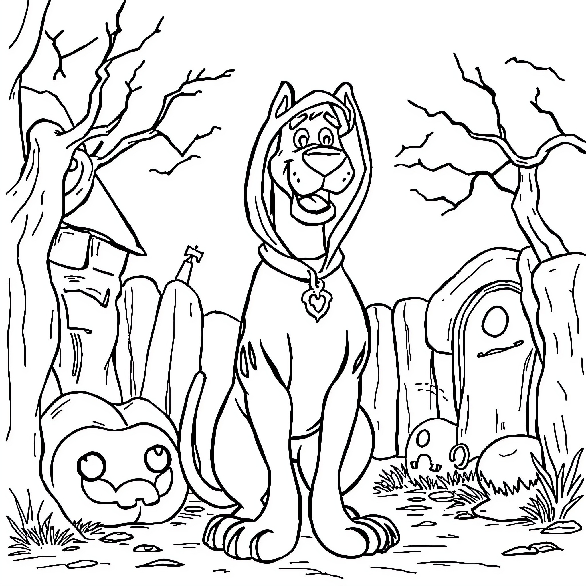 Scooby Doo exploring a spooky forest with pumpkins Coloring Page (free black-and-white line drawing printable PDF for all, from beginners to advanced learners, including children, teens, adults, and seniors)