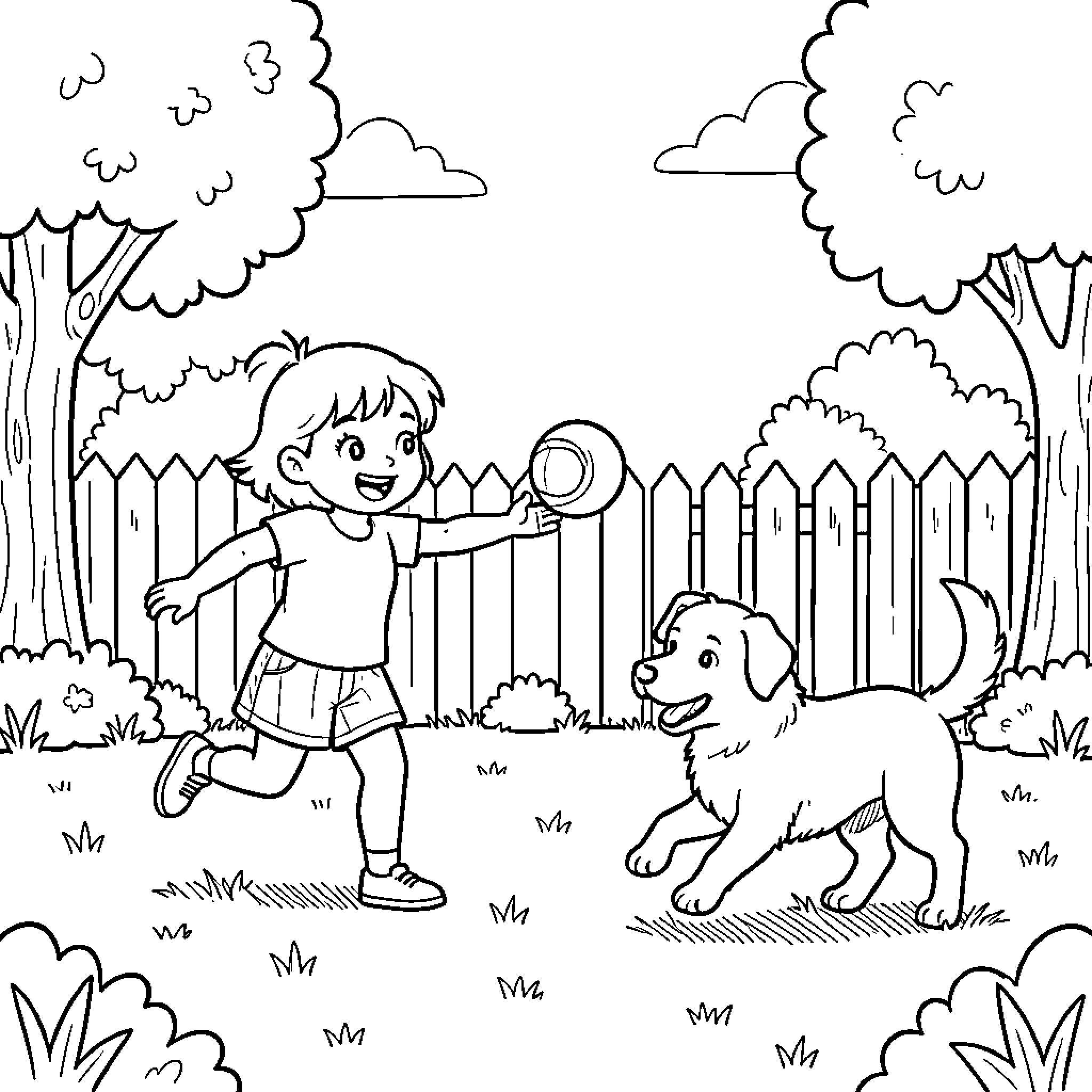 Dog running to catch a ball from a child Coloring Page (free black-and-white line drawing printable PDF for all, from beginners to advanced learners, including children, teens, adults, and seniors)