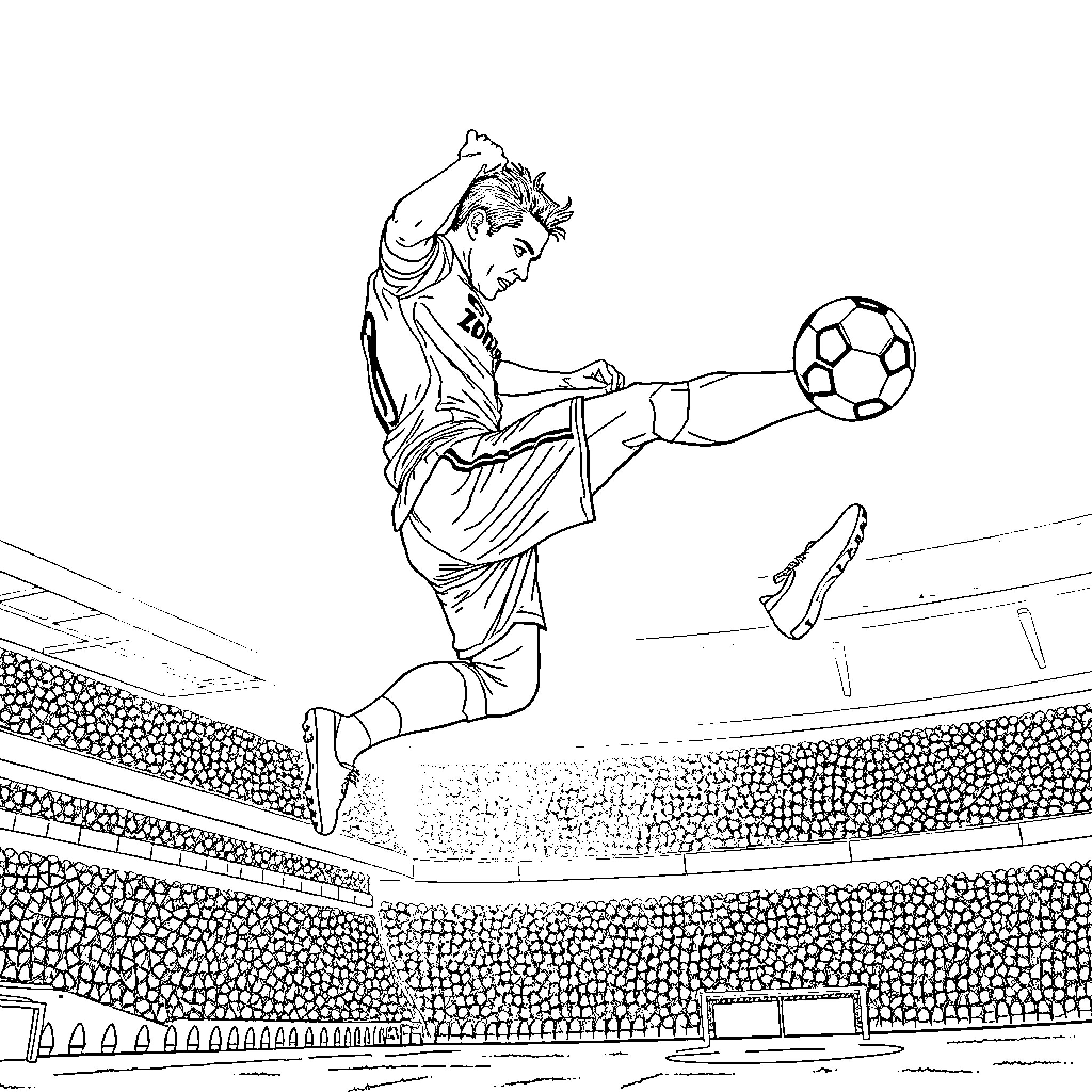 Ronaldo performing aerial soccer maneuver on the field Coloring Page (free black-and-white line drawing printable PDF for all, from beginners to advanced learners, including children, teens, adults, and seniors)