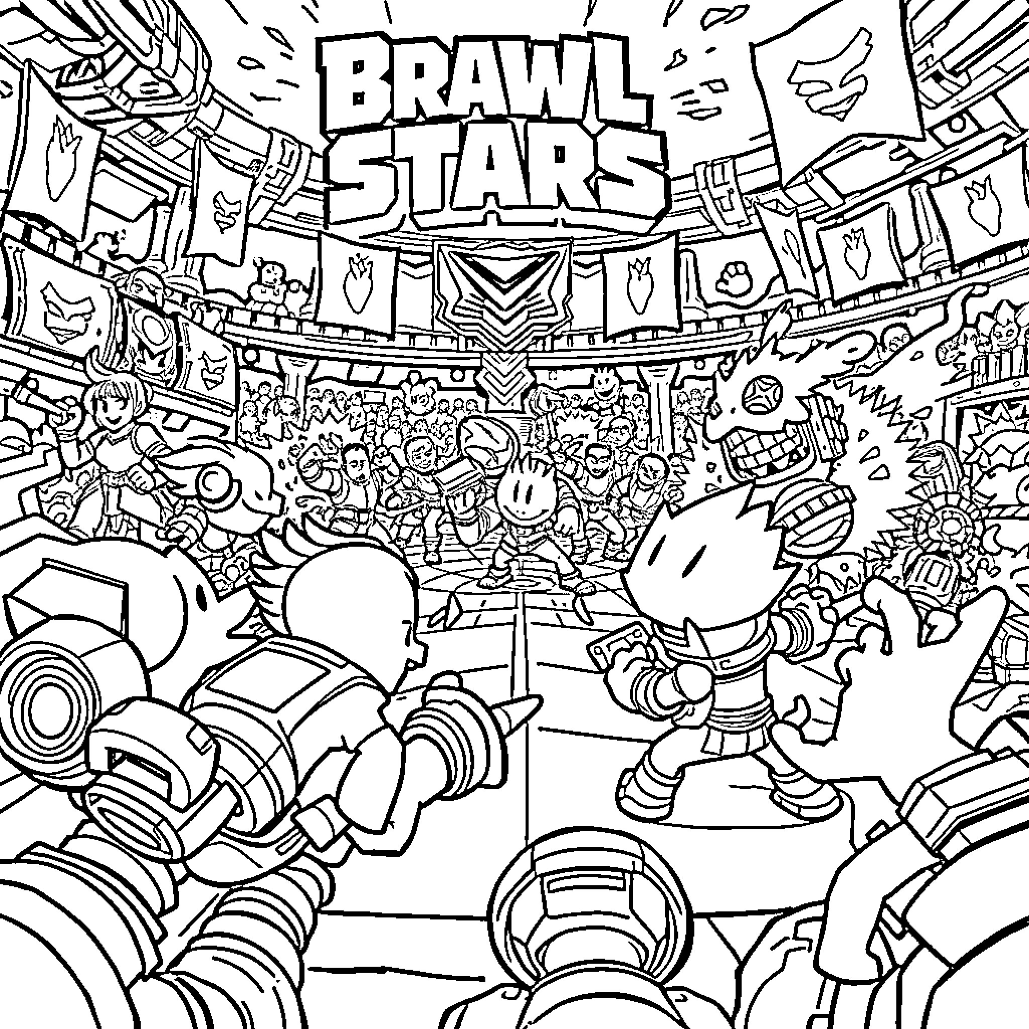 Brawl Stars: Epic Arena Battle with Diverse Characters Coloring Page (free black-and-white line drawing printable PDF for all, from beginners to advanced learners, including children, teens, adults, and seniors)