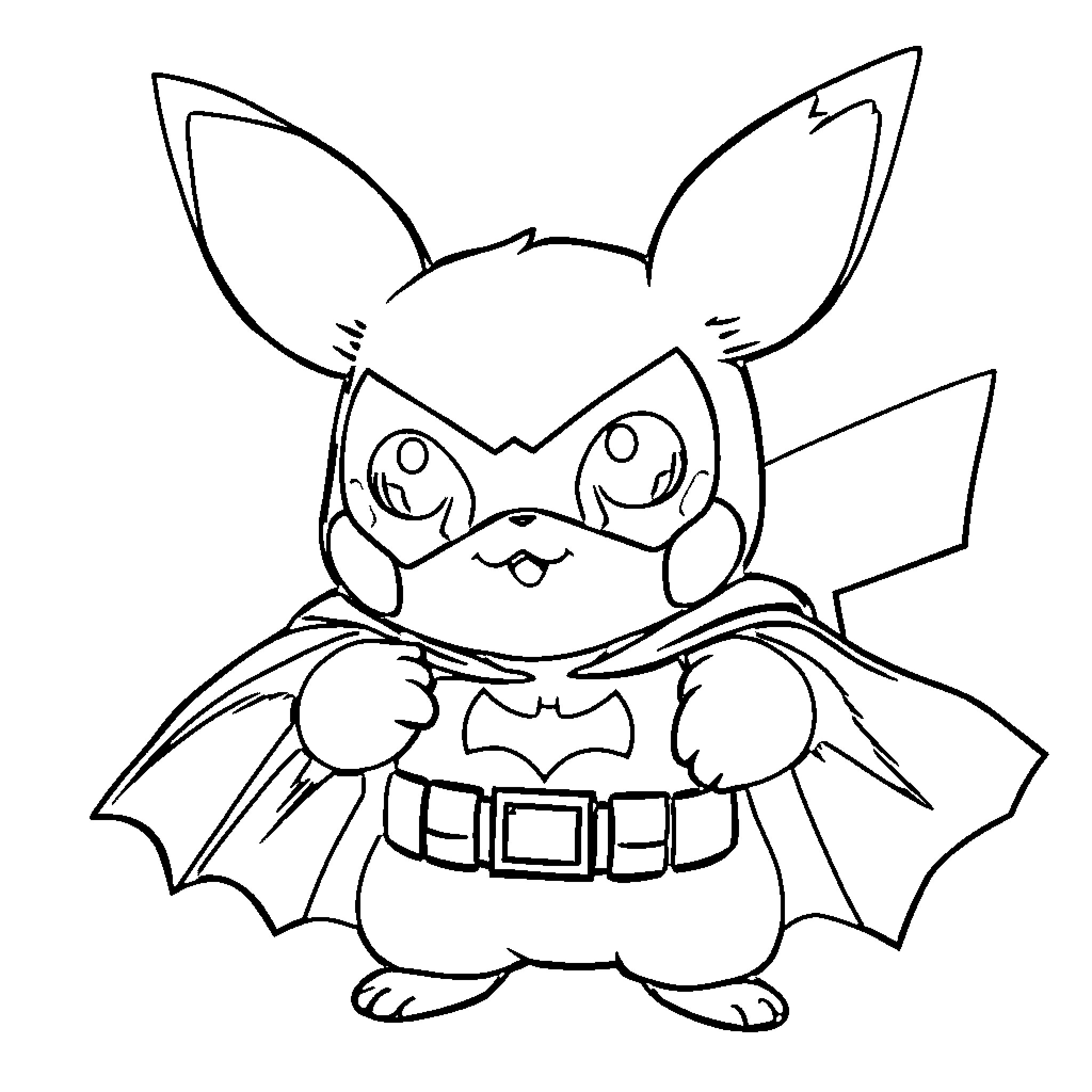Pichu dressed as a superhero in action pose Coloring Page (free black-and-white line drawing printable PDF for all, from beginners to advanced learners, including children, teens, adults, and seniors)
