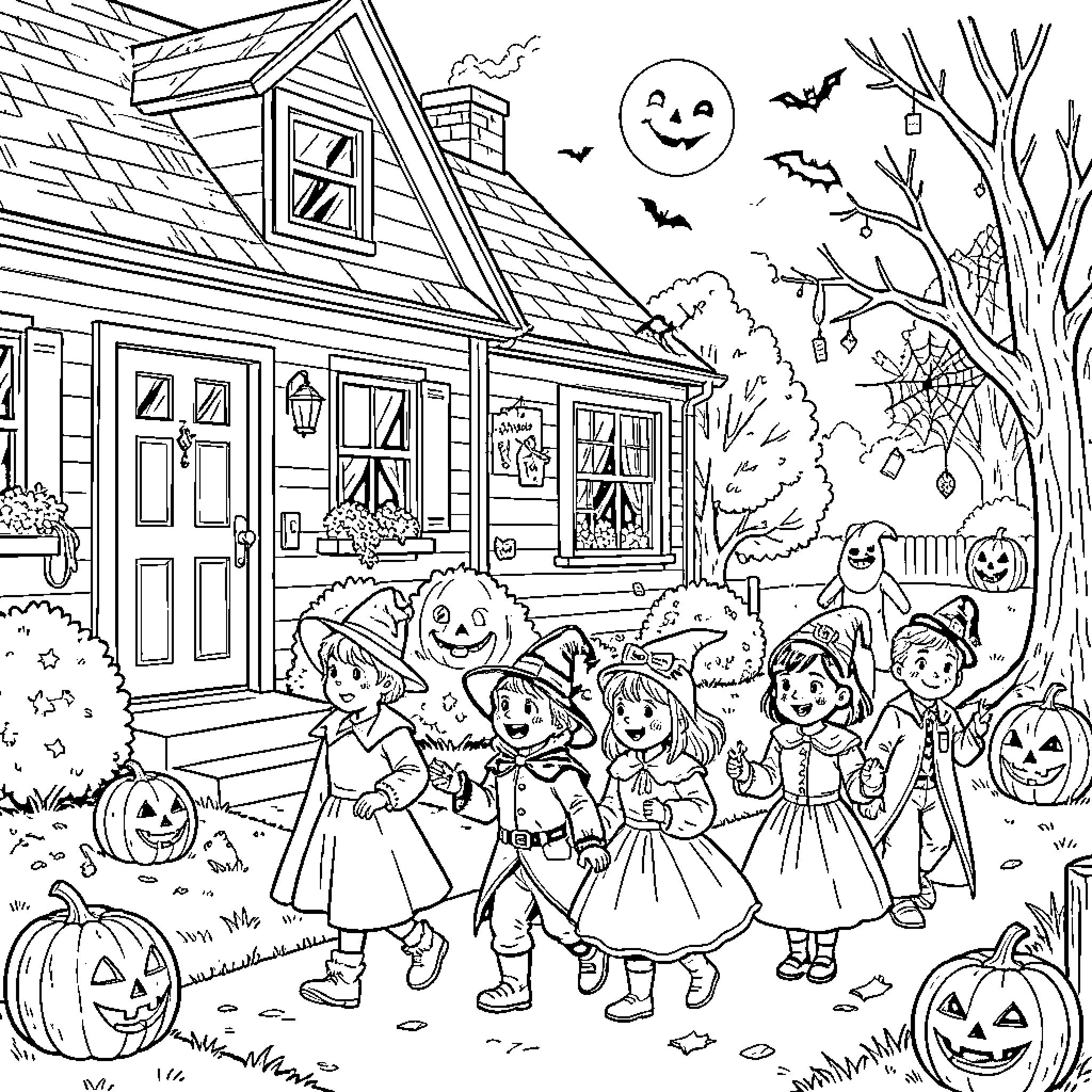 Halloween children in costumes walking past a decorated house Coloring Page (free black-and-white line drawing printable PDF for all, from beginners to advanced learners, including children, teens, adults, and seniors)