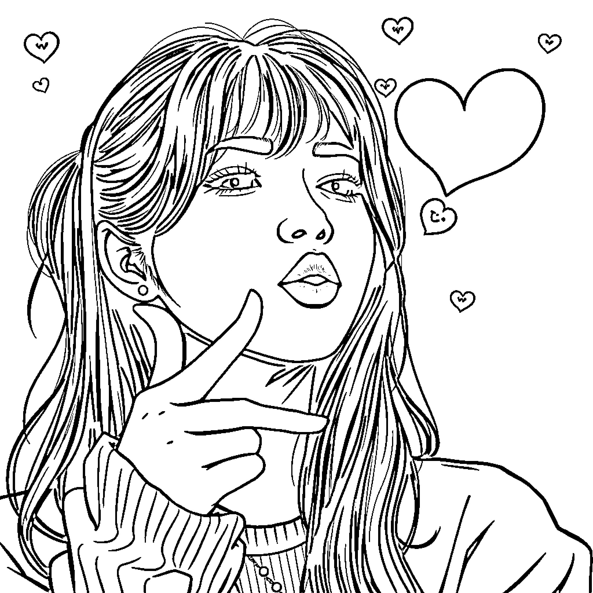 Rumi's Thoughtful Contemplation amidst Hearts Coloring Page (free black-and-white line drawing printable PDF for all, from beginners to advanced learners, including children, teens, adults, and seniors)