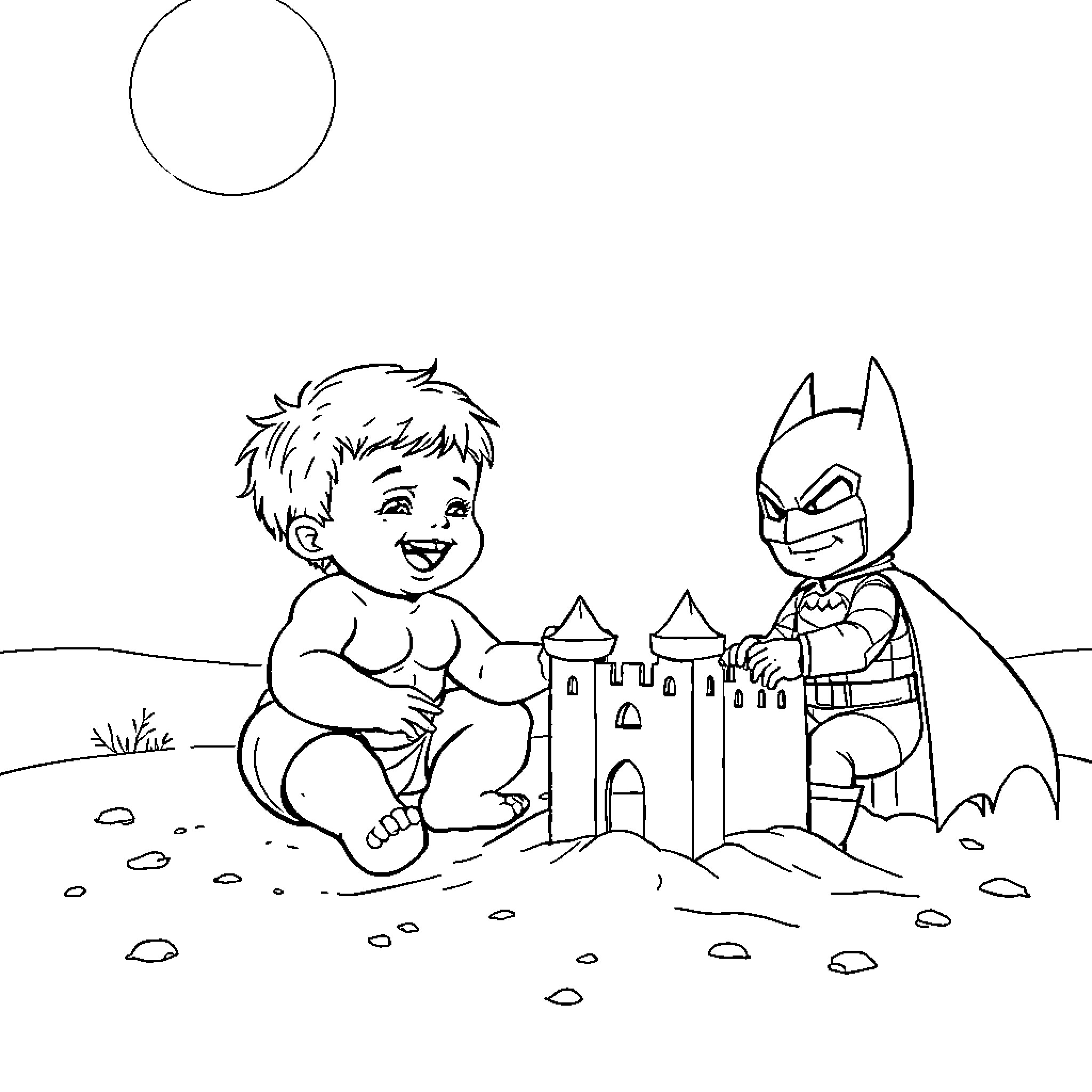Hulk and Batman build a sandcastle together Coloring Page (free black-and-white line drawing printable PDF for all, from beginners to advanced learners, including children, teens, adults, and seniors)