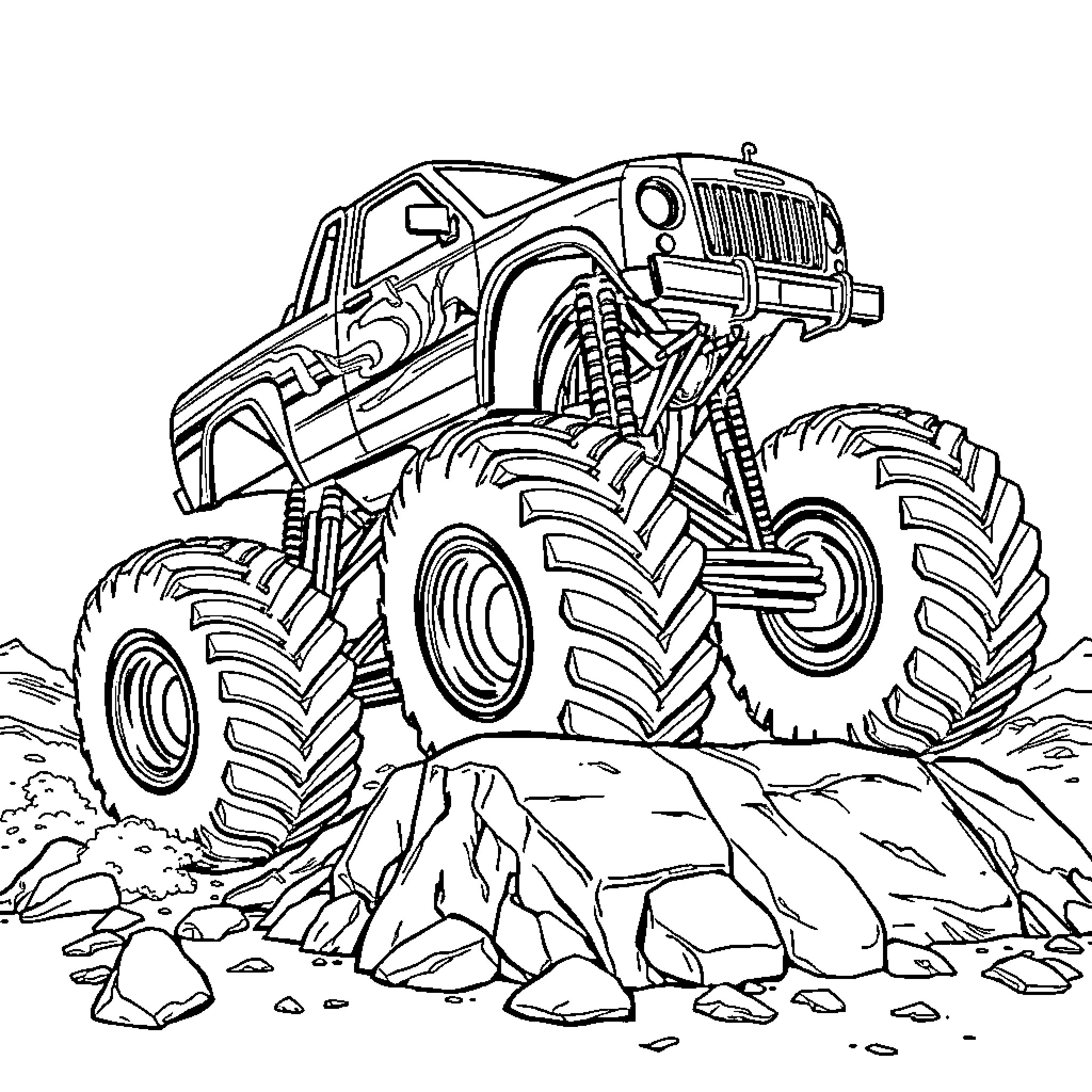 Monster Truck Conquering Rugged Terrain Coloring Page (free black-and-white line drawing printable PDF for all, from beginners to advanced learners, including children, teens, adults, and seniors)