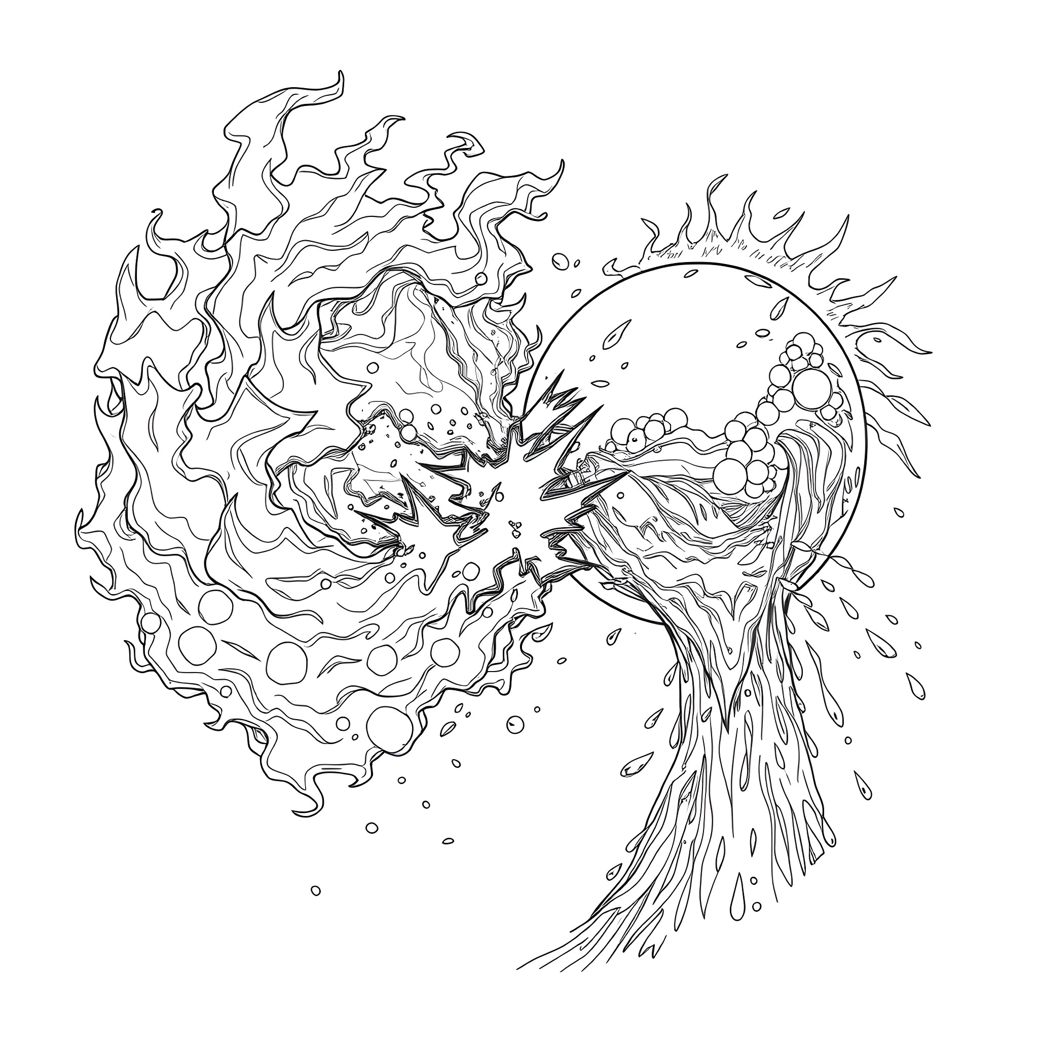 Fireball of cosmic energy and celestial phenomena Coloring Page (free black-and-white line drawing printable PDF for all, from beginners to advanced learners, including children, teens, adults, and seniors)