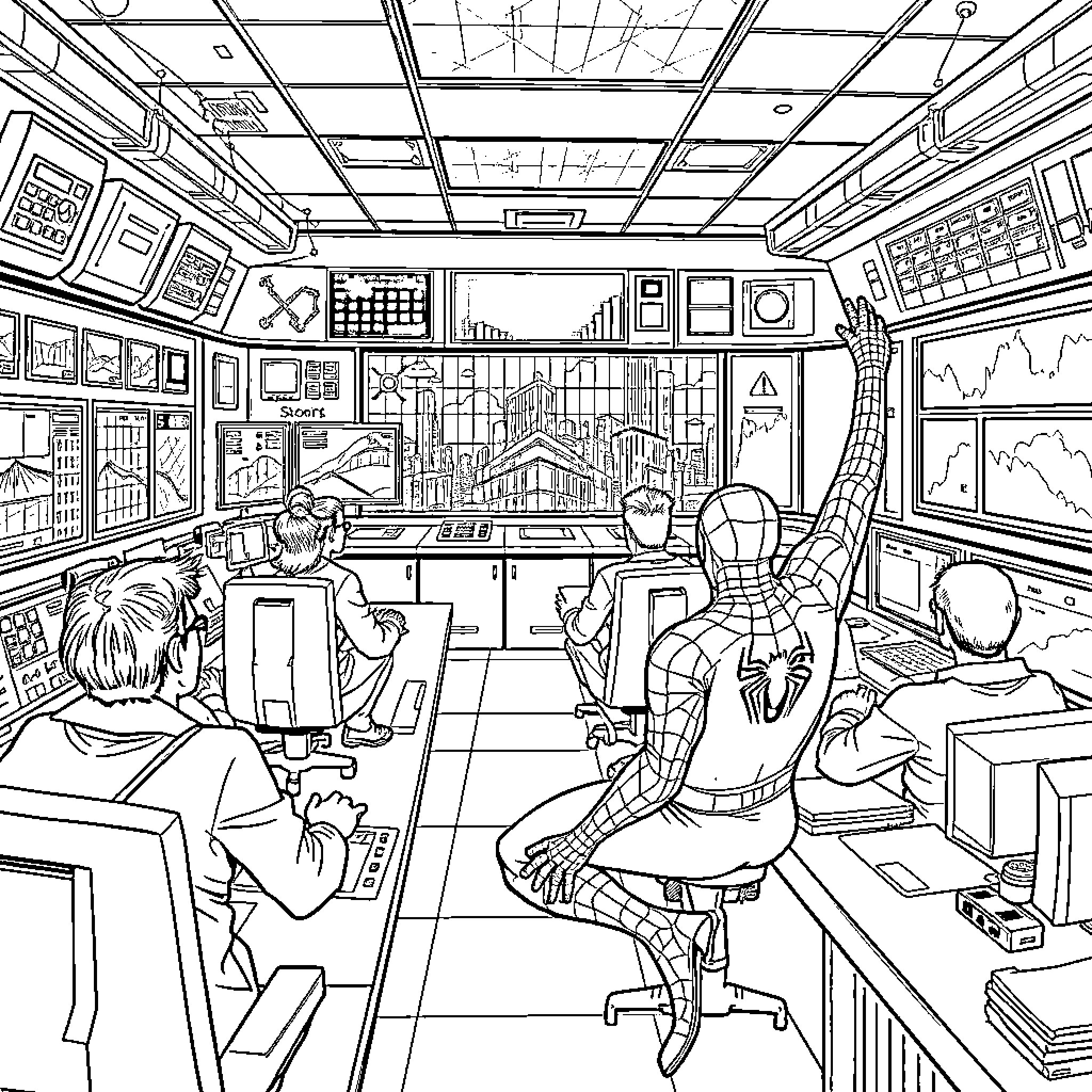 Spider-Man in a futuristic technology control room Coloring Page (free black-and-white line drawing printable PDF for all, from beginners to advanced learners, including children, teens, adults, and seniors)