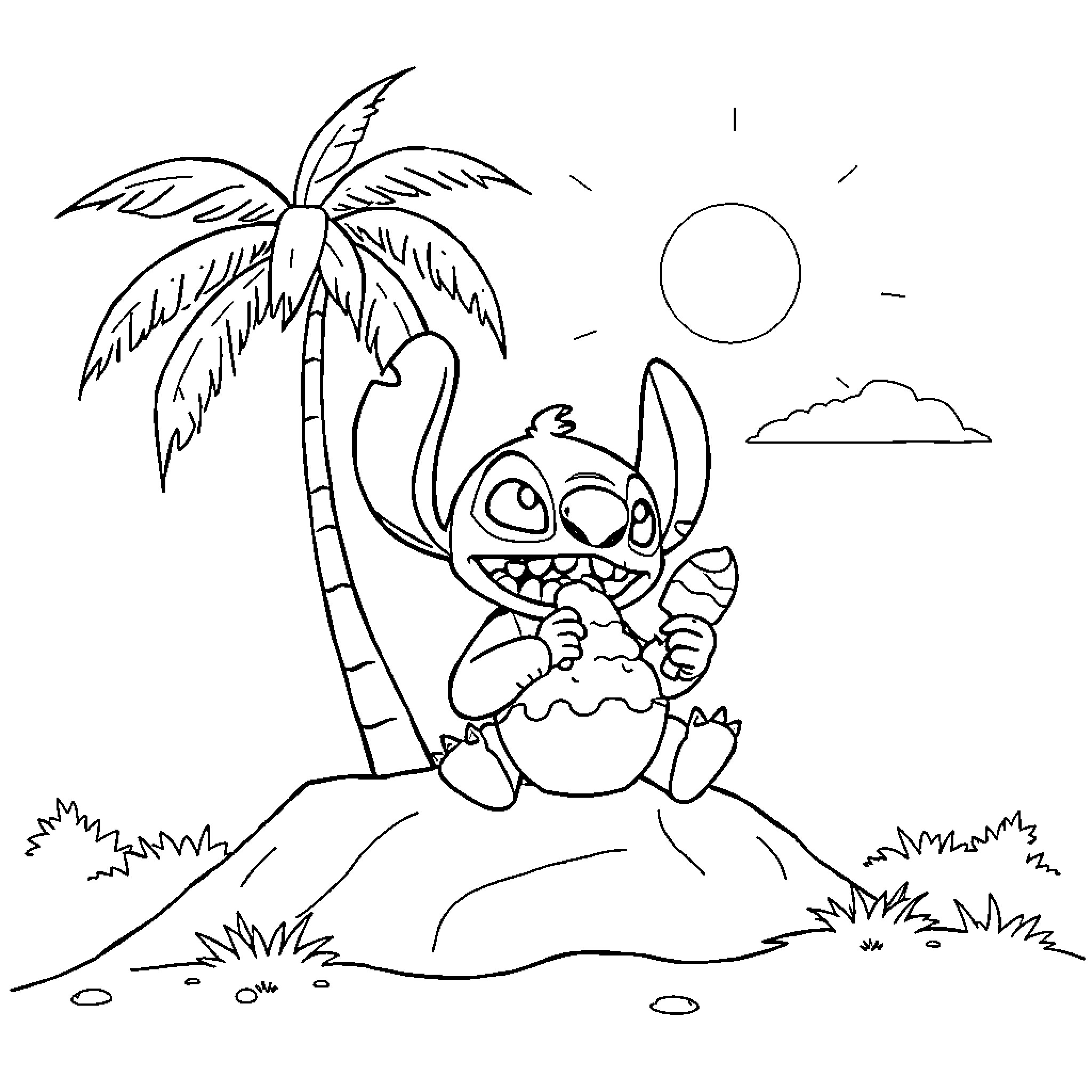Stitch enjoying a sunny day on the beach Coloring Page (free black-and-white line drawing printable PDF for all, from beginners to advanced learners, including children, teens, adults, and seniors)