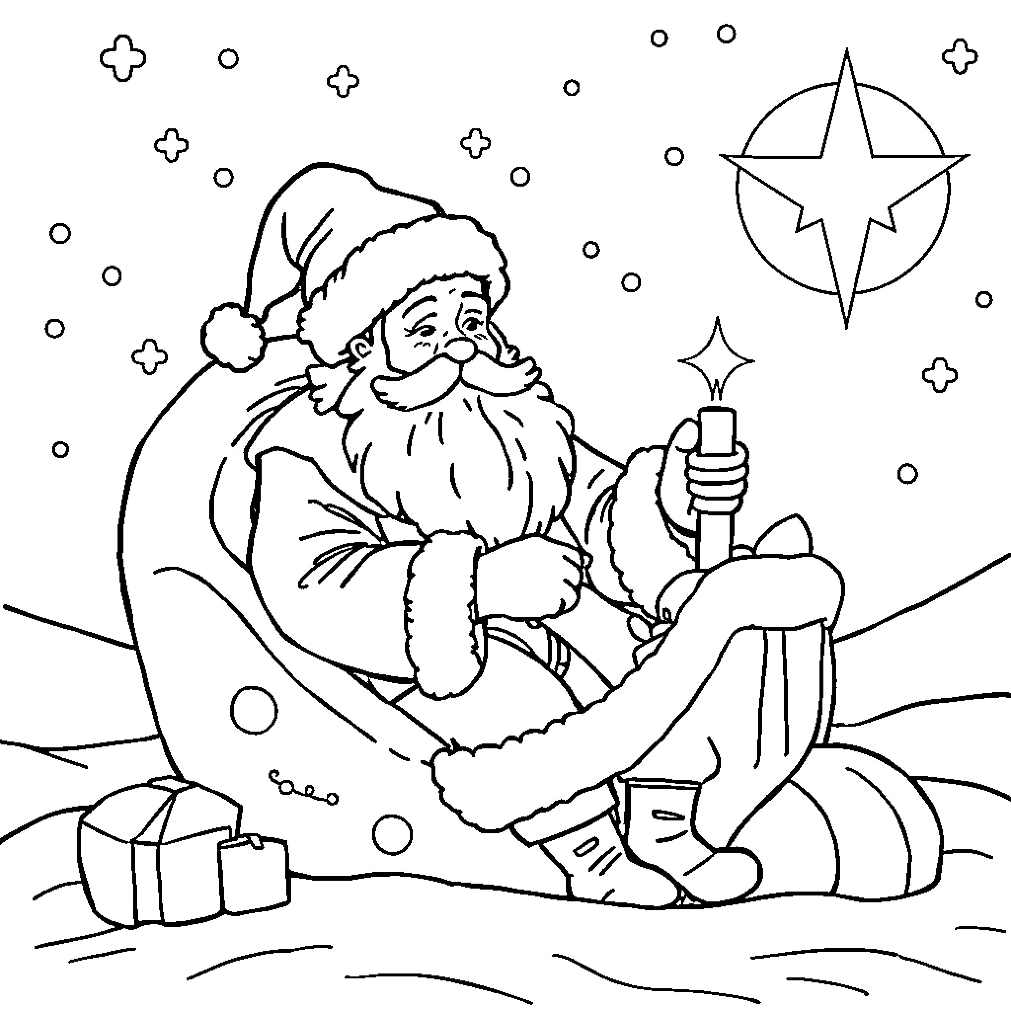 Santa Claus relaxing with a candle on a snowy night Coloring Page (free black-and-white line drawing printable PDF for all, from beginners to advanced learners, including children, teens, adults, and seniors)