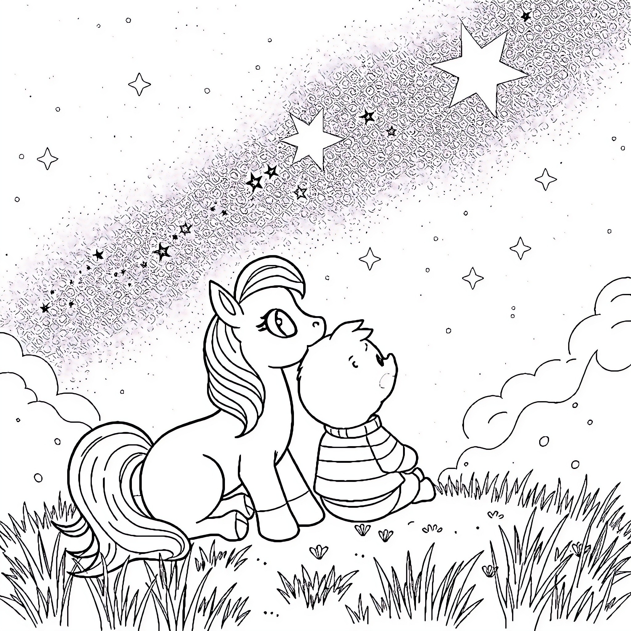 Person enjoying a peaceful moment with a pony under the starry sky Coloring Page (free black-and-white line drawing printable PDF for all, from beginners to advanced learners, including children, teens, adults, and seniors)
