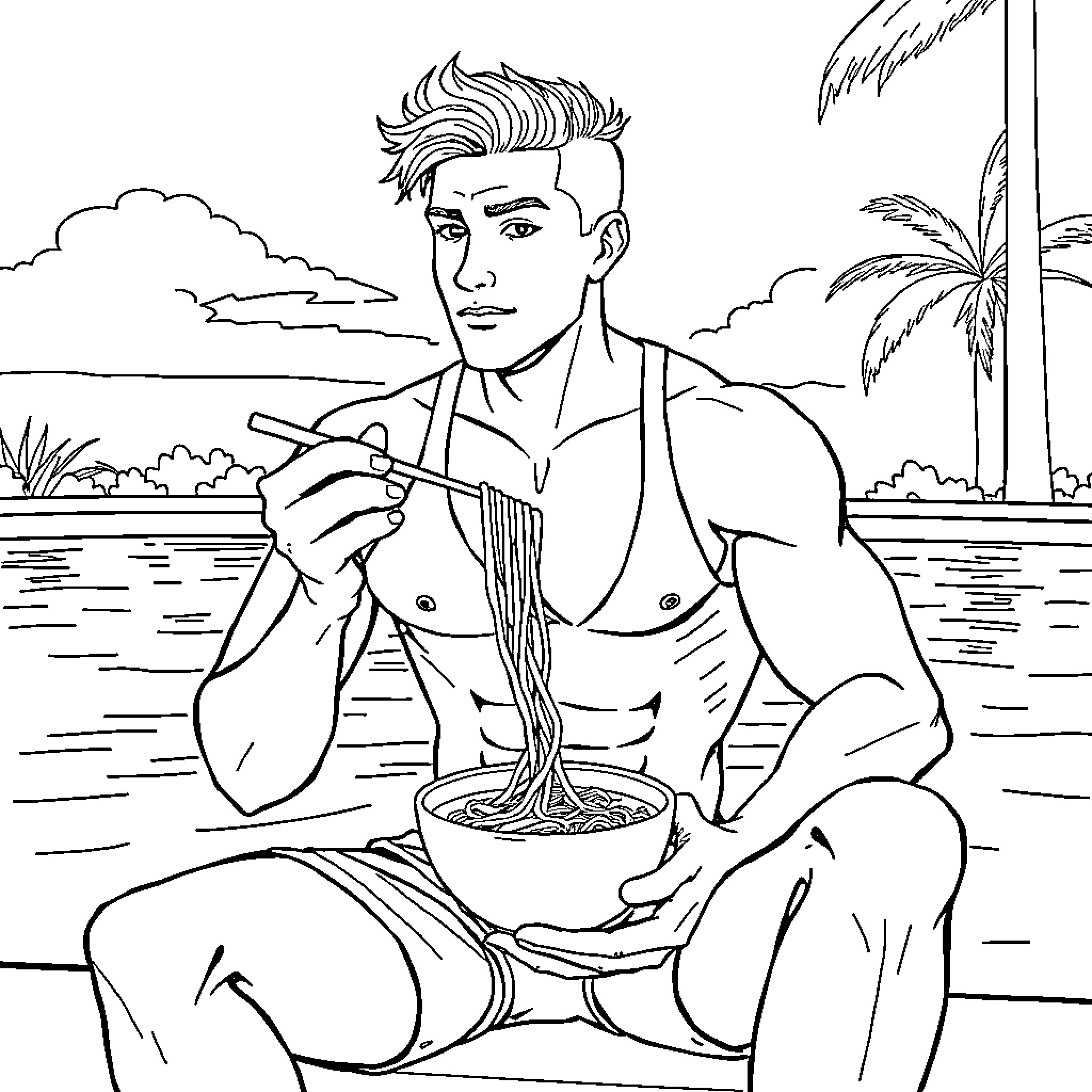 Man enjoying a meal on the beach Coloring Page (free black-and-white line drawing printable PDF for all, from beginners to advanced learners, including children, teens, adults, and seniors)