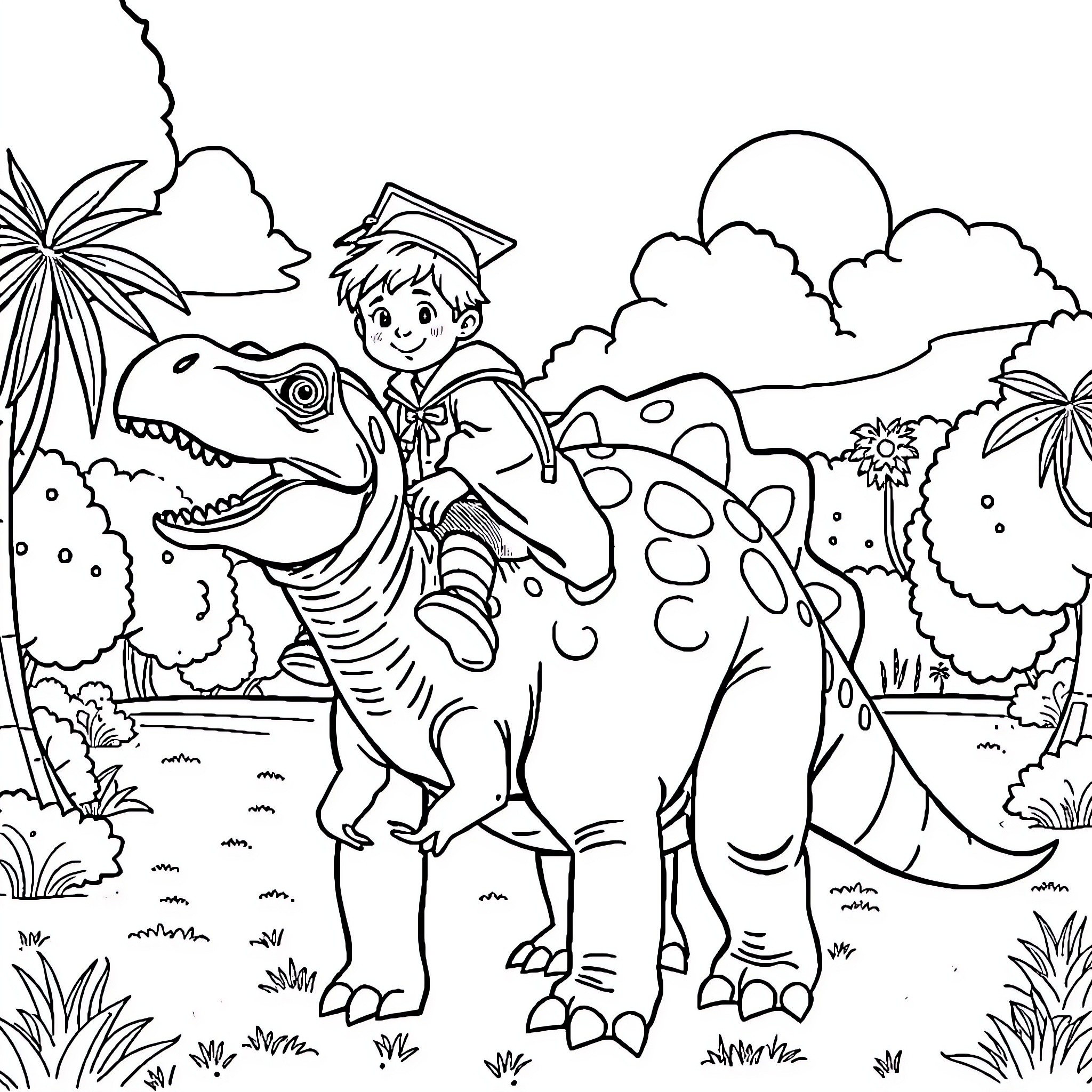 Boy riding a friendly dinosaur in a tropical setting Coloring Page (free black-and-white line drawing printable PDF for all, from beginners to advanced learners, including children, teens, adults, and seniors)