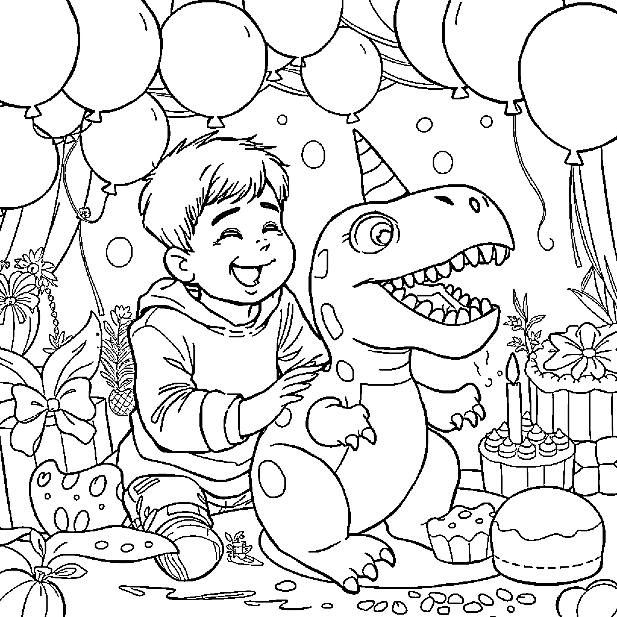 Dinosaur party with a happy boy and balloons Coloring Page (free black-and-white line drawing printable PDF for all, from beginners to advanced learners, including children, teens, adults, and seniors)