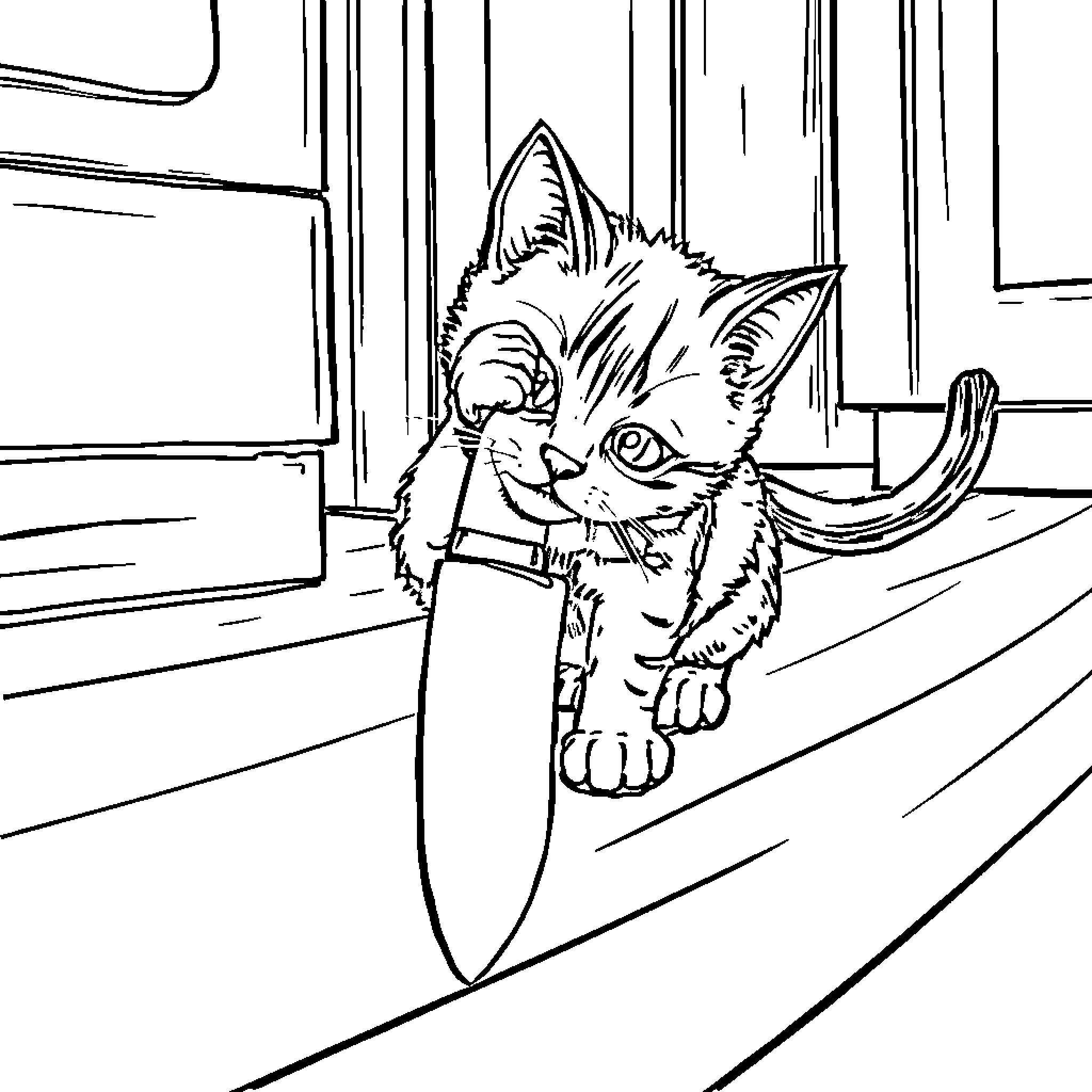 Cat Playfully Exploring New Environment Coloring Page (free black-and-white line drawing printable PDF for all, from beginners to advanced learners, including children, teens, adults, and seniors)