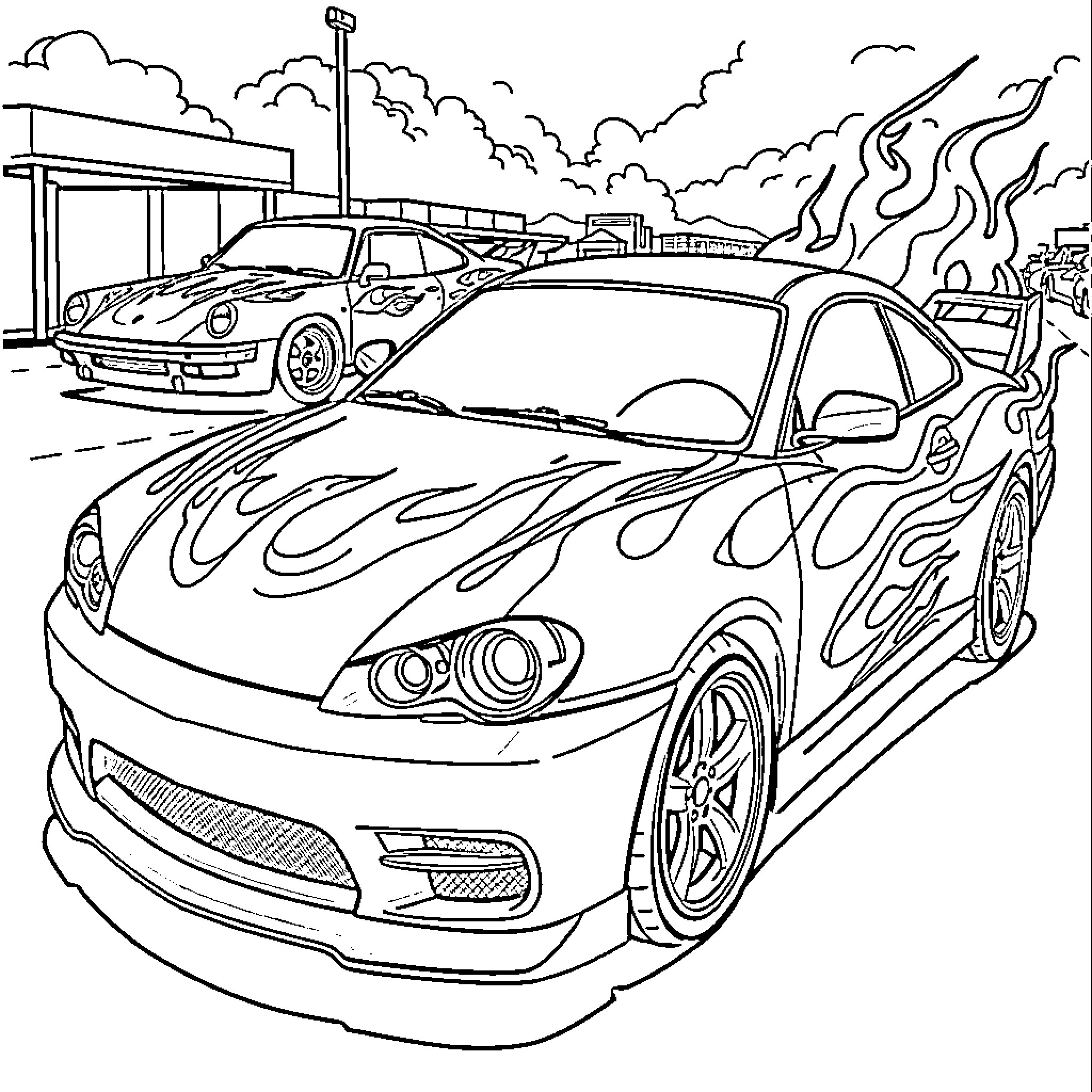 Car racing through a fiery scene Coloring Page (free black-and-white line drawing printable PDF for all, from beginners to advanced learners, including children, teens, adults, and seniors)