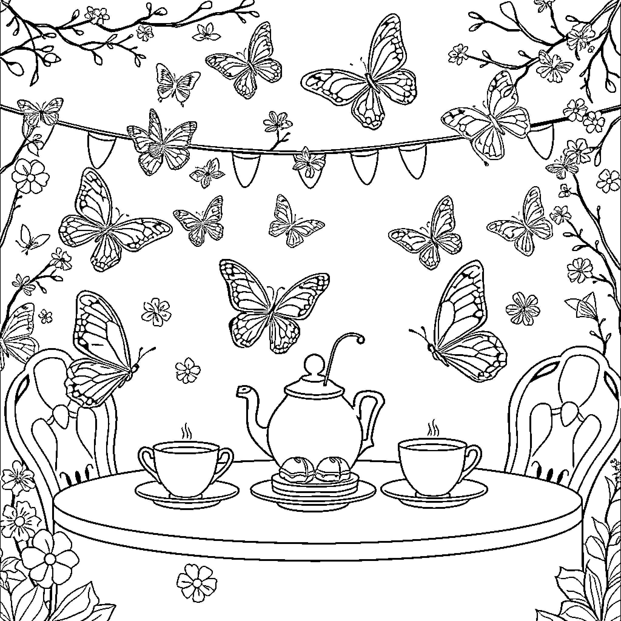 Butterfly Tea Party in the Garden Coloring Page (free black-and-white line drawing printable PDF for all, from beginners to advanced learners, including children, teens, adults, and seniors)