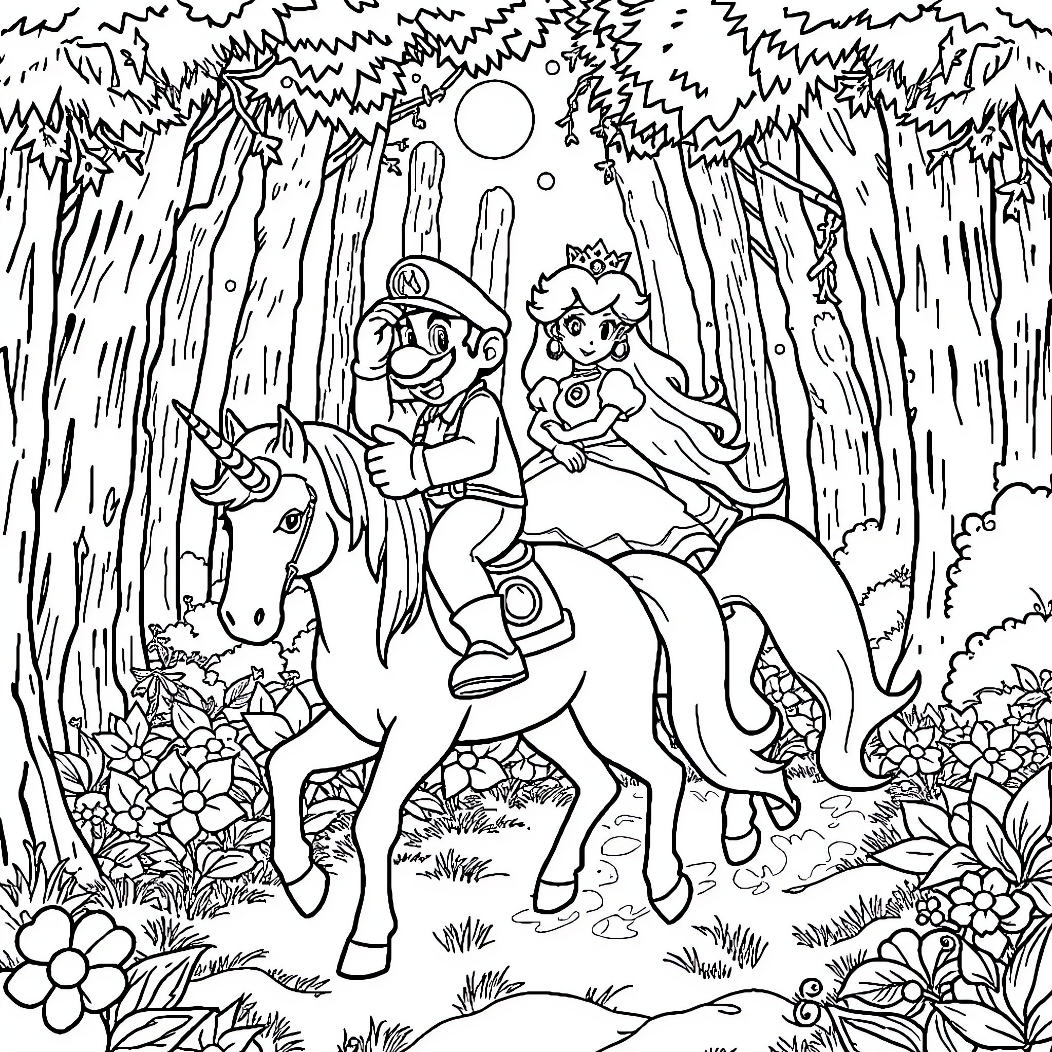 Unicorn Riding with a Royal Companion in the Enchanted Forest Coloring Page (free black-and-white line drawing printable PDF for all, from beginners to advanced learners, including children, teens, adults, and seniors)