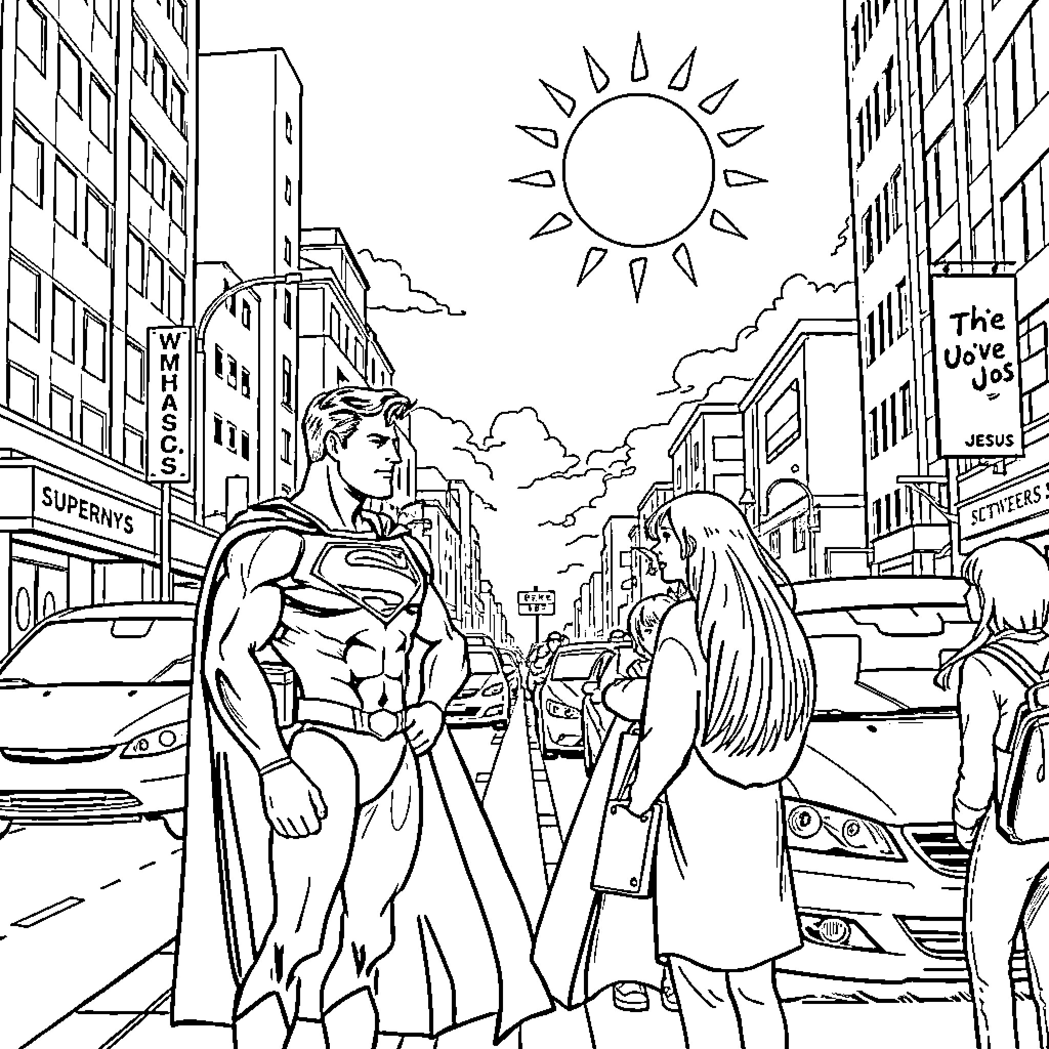 Superman heroically saving a person in the city Coloring Page (free black-and-white line drawing printable PDF for all, from beginners to advanced learners, including children, teens, adults, and seniors)