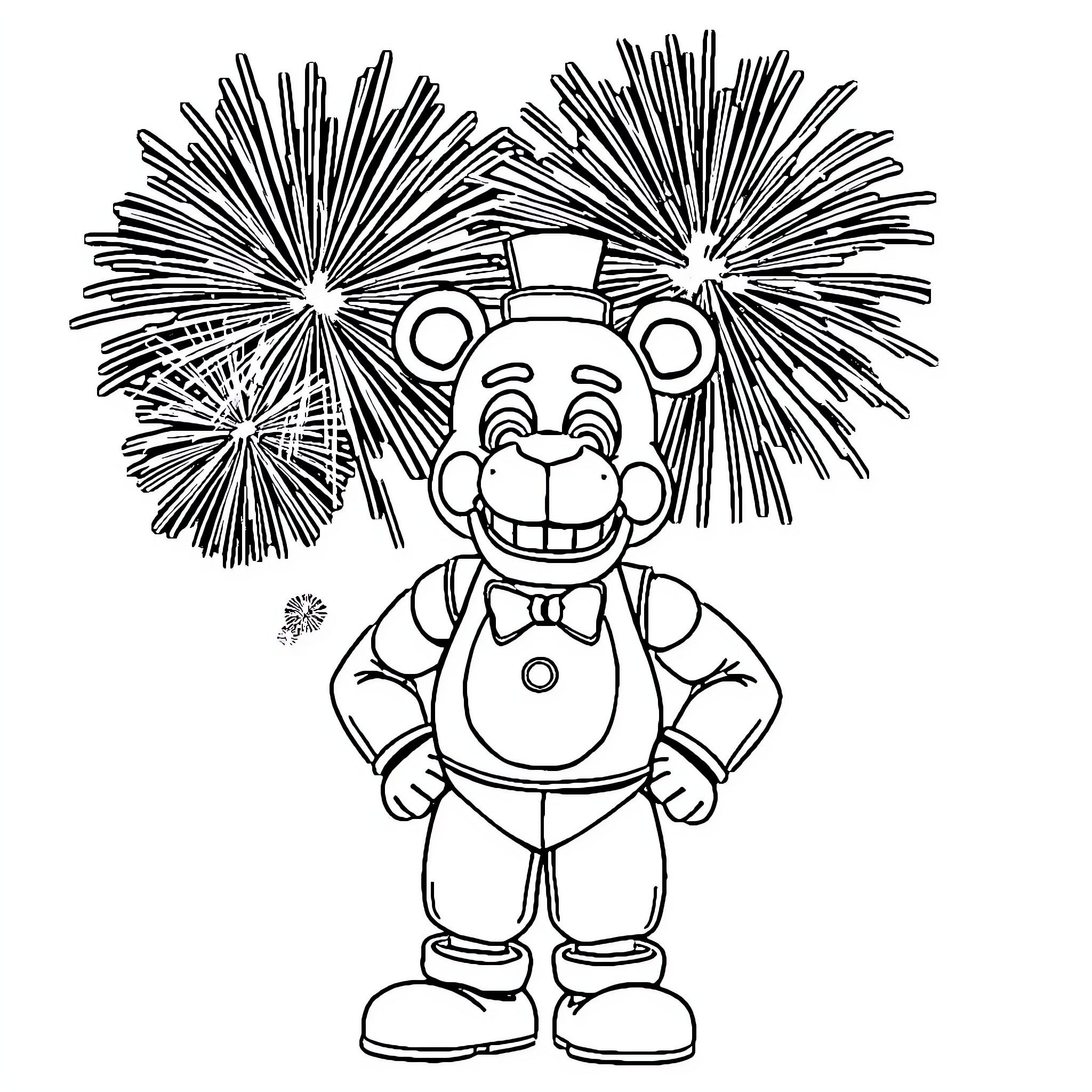 Freddy Fazbear enjoying a festive celebration Coloring Page (free black-and-white line drawing printable PDF for all, from beginners to advanced learners, including children, teens, adults, and seniors)