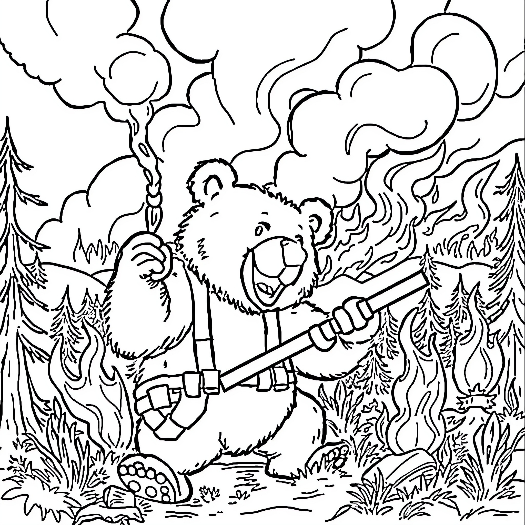 Smoky Bear fighting forest fire with axe Coloring Page (free black-and-white line drawing printable PDF for all, from beginners to advanced learners, including children, teens, adults, and seniors)