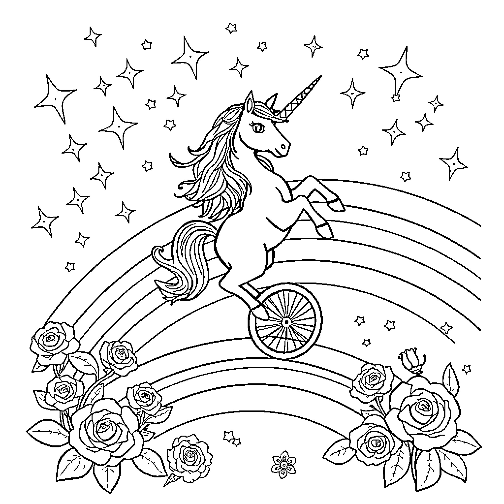 Unicorn riding a bike across a starry rainbow Coloring Page (free black-and-white line drawing printable PDF for all, from beginners to advanced learners, including children, teens, adults, and seniors)