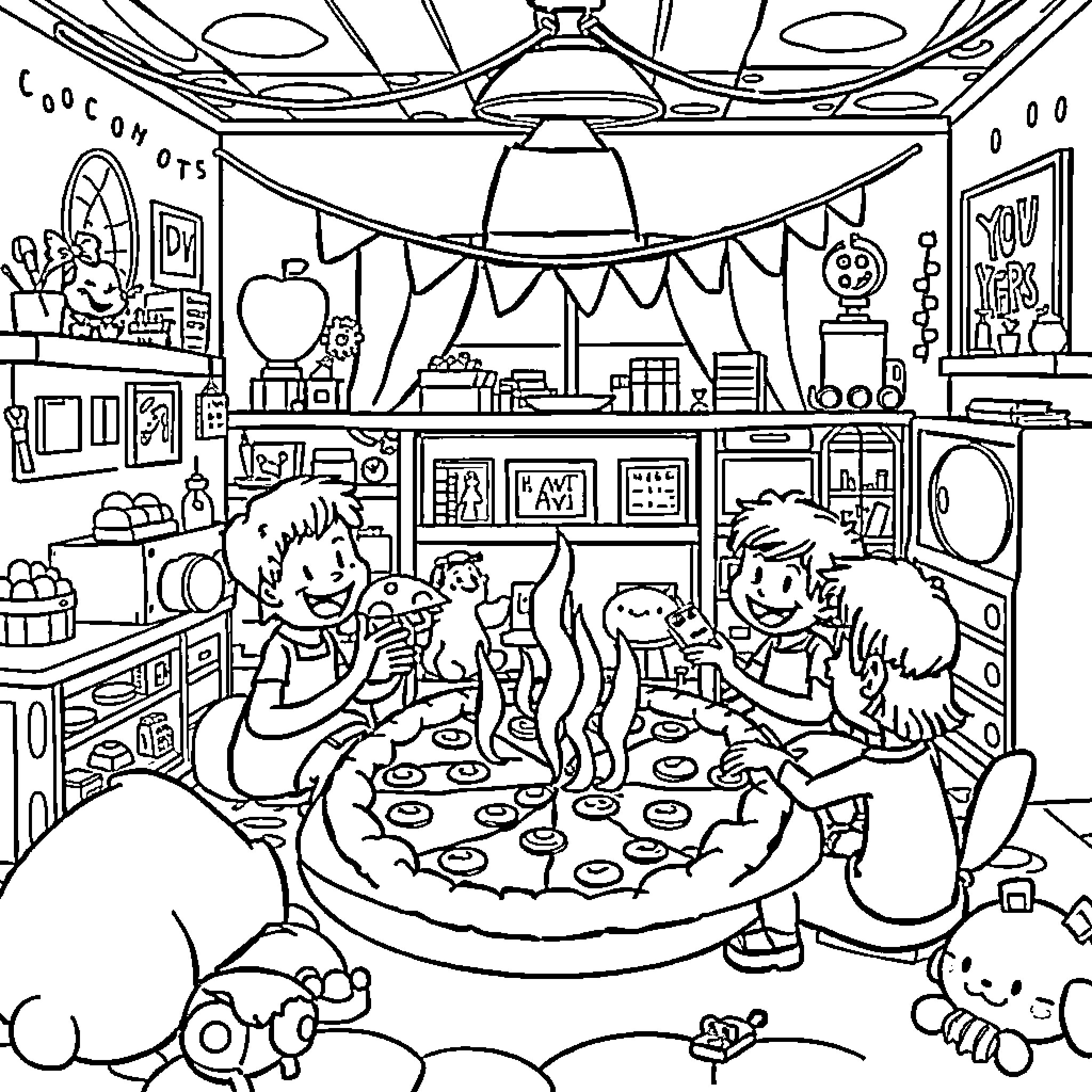 Pizza party with friends in a cozy living room Coloring Page (free black-and-white line drawing printable PDF for all, from beginners to advanced learners, including children, teens, adults, and seniors)