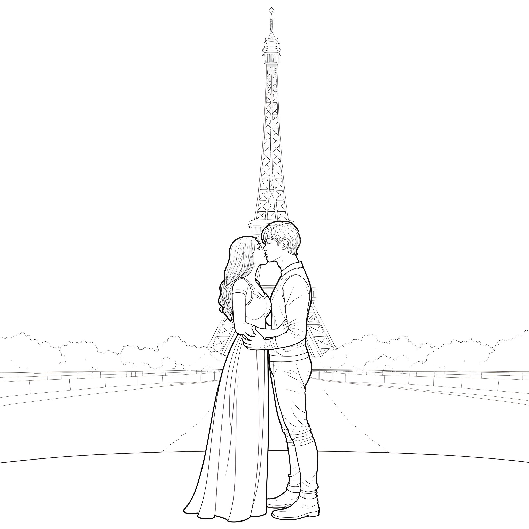 Rand Al'thor's romantic embrace in Paris Coloring Page (free black-and-white line drawing printable PDF for all, from beginners to advanced learners, including children, teens, adults, and seniors)