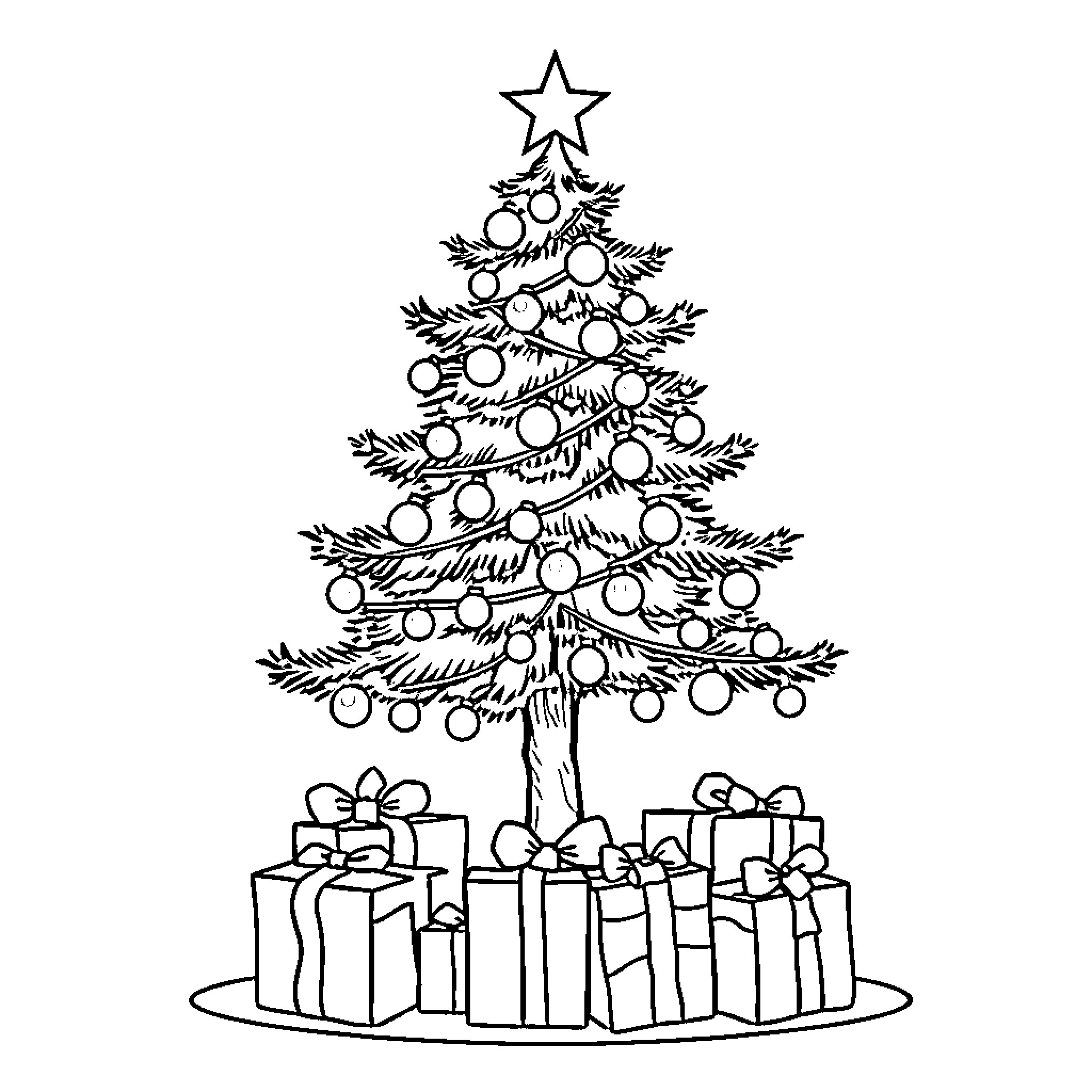 Christmas Tree with Decorations and Presents Coloring Page (free black-and-white line drawing printable PDF for all, from beginners to advanced learners, including children, teens, adults, and seniors)