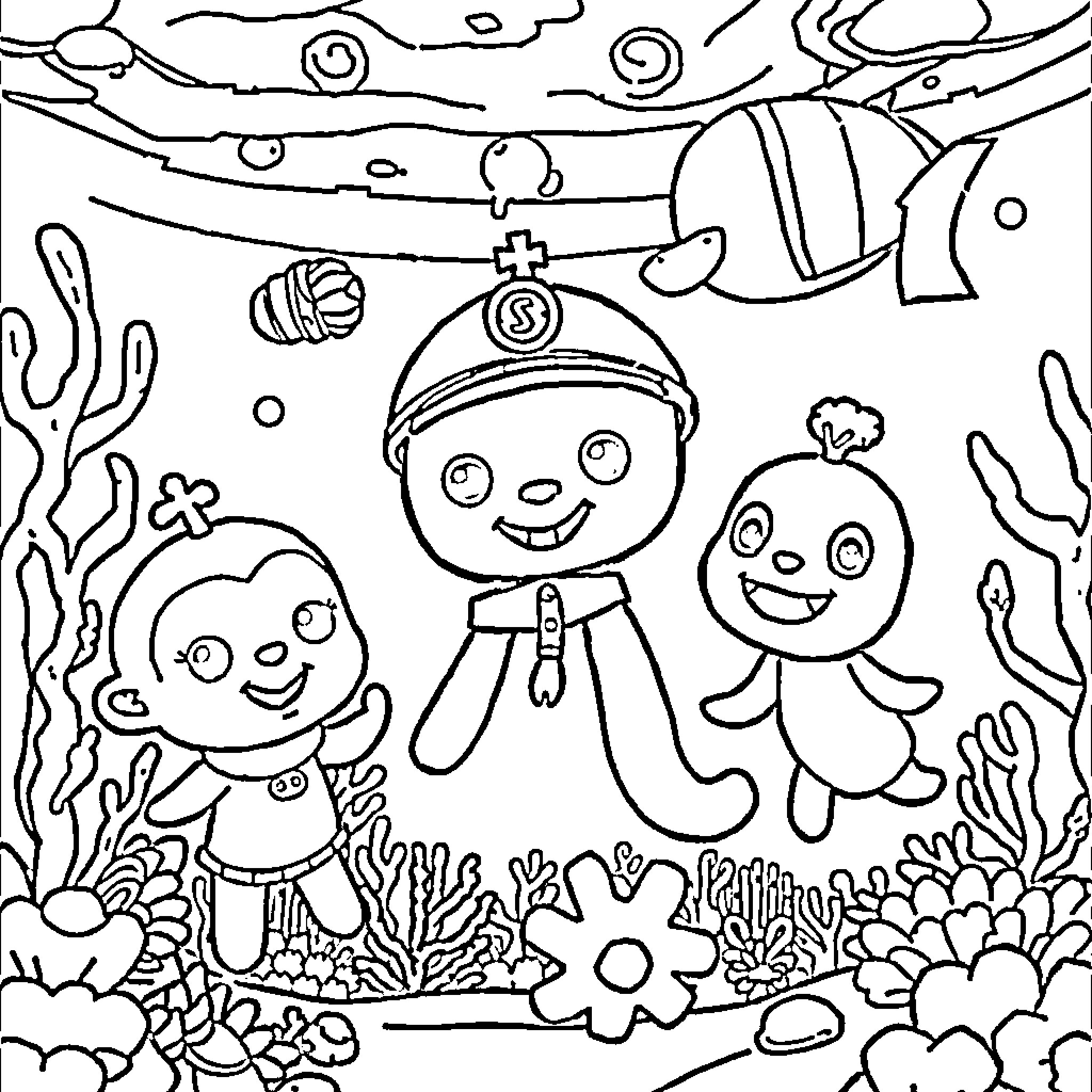 Octonauts exploring the underwater world Coloring Page (free black-and-white line drawing printable PDF for all, from beginners to advanced learners, including children, teens, adults, and seniors)