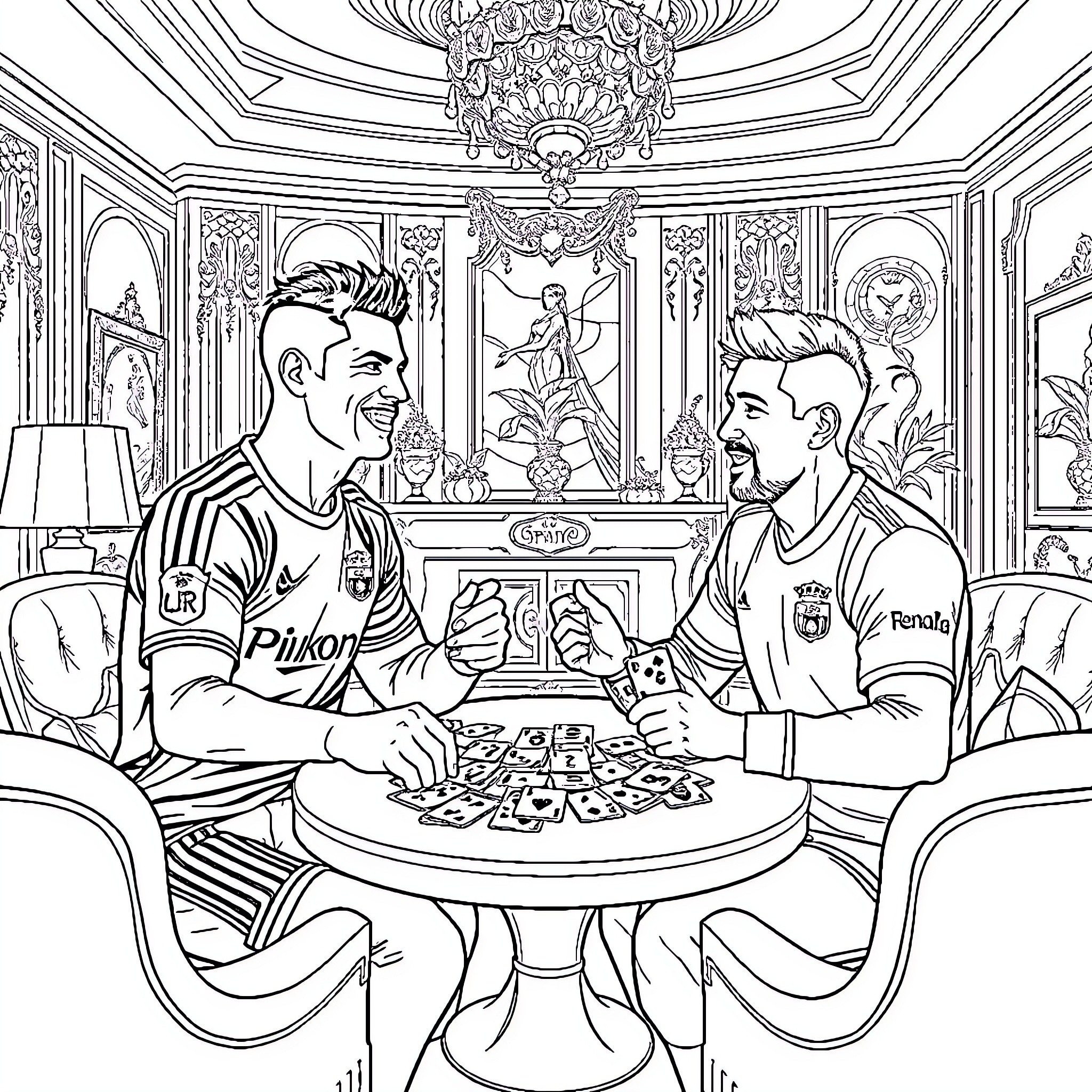 Cr7 two football players enjoying a meal together Coloring Page (free black-and-white line drawing printable PDF for all, from beginners to advanced learners, including children, teens, adults, and seniors)