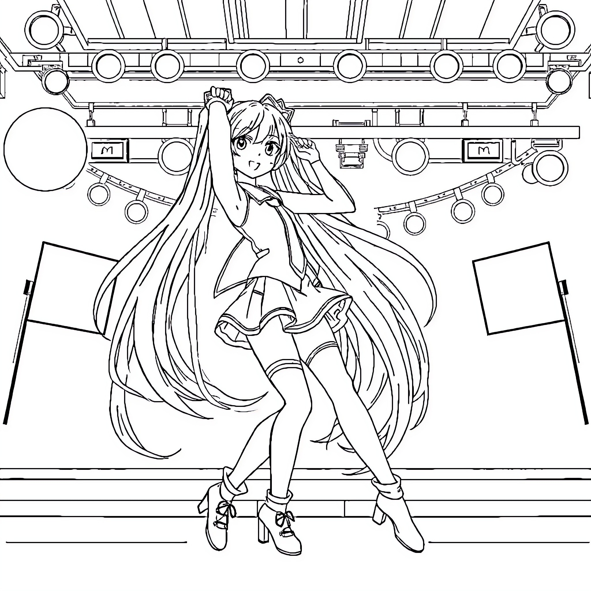 Hatsune Miku Performing on Stage Coloring Page (free black-and-white line drawing printable PDF for all, from beginners to advanced learners, including children, teens, adults, and seniors)