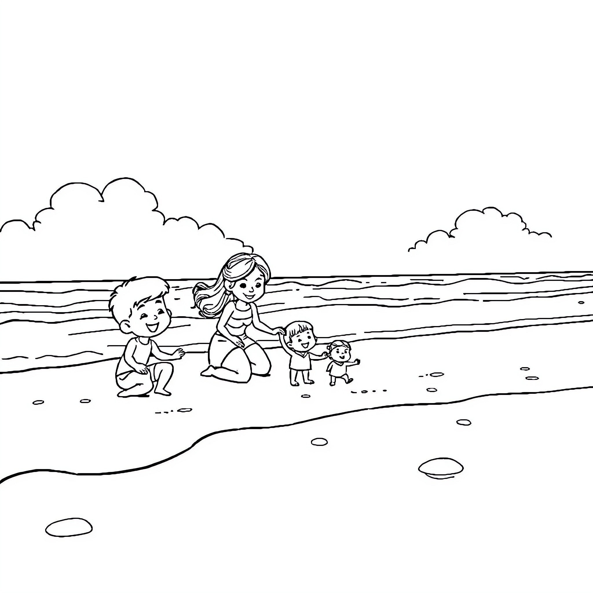 Bluey's Family Fun at the Beach Coloring Page (free black-and-white line drawing printable PDF for all, from beginners to advanced learners, including children, teens, adults, and seniors)