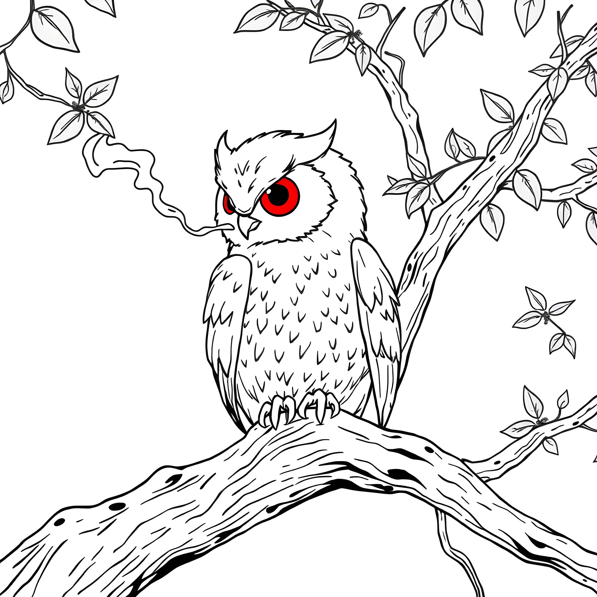 Owl with glowing red eyes perched on a branch Coloring Page (free black-and-white line drawing printable PDF for all, from beginners to advanced learners, including children, teens, adults, and seniors)