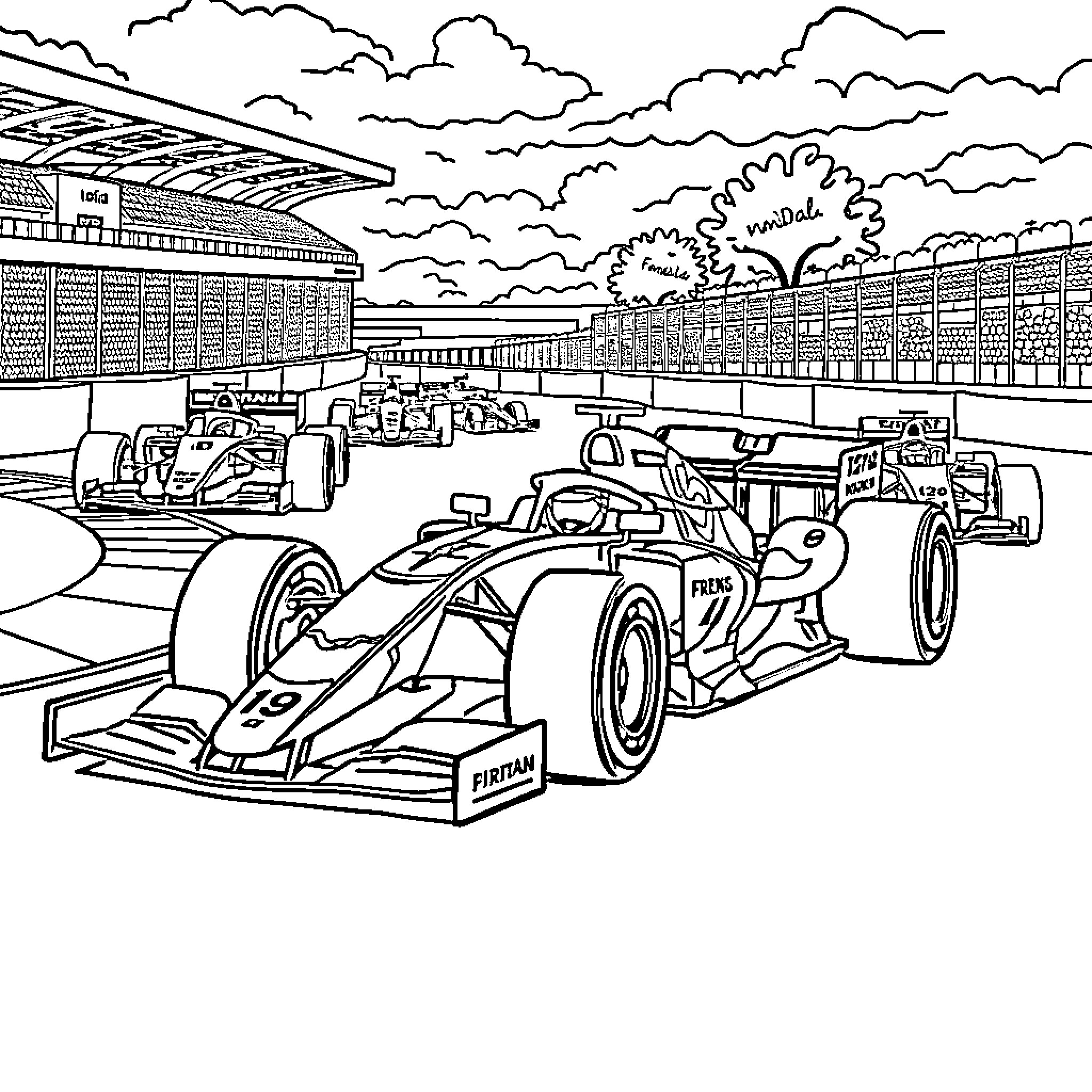 Mandala of Formula One Racing Excitement Coloring Page (free black-and-white line drawing printable PDF for all, from beginners to advanced learners, including children, teens, adults, and seniors)