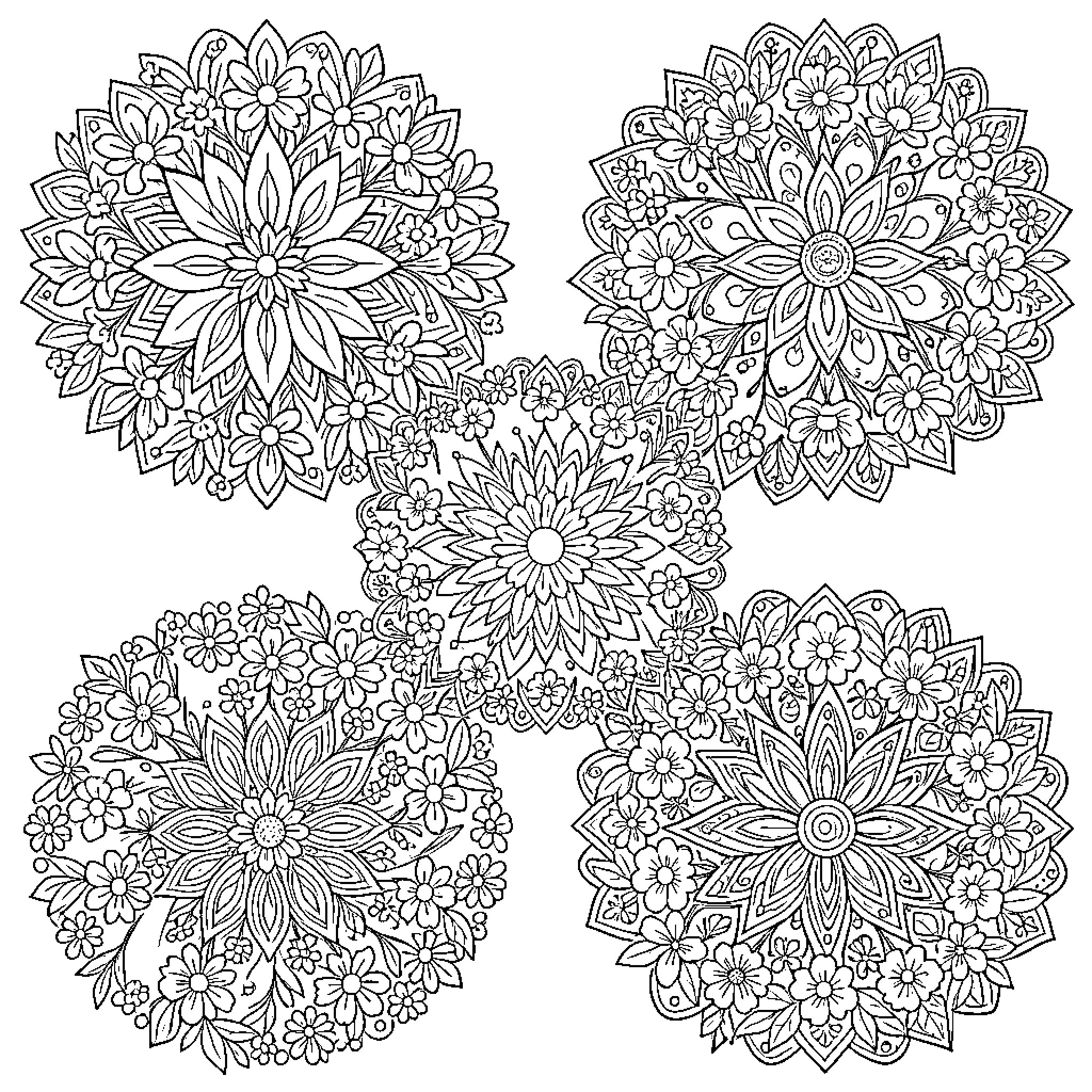 Flower Mandala Designs in Intricate Patterns Coloring Page (free black-and-white line drawing printable PDF for all, from beginners to advanced learners, including children, teens, adults, and seniors)