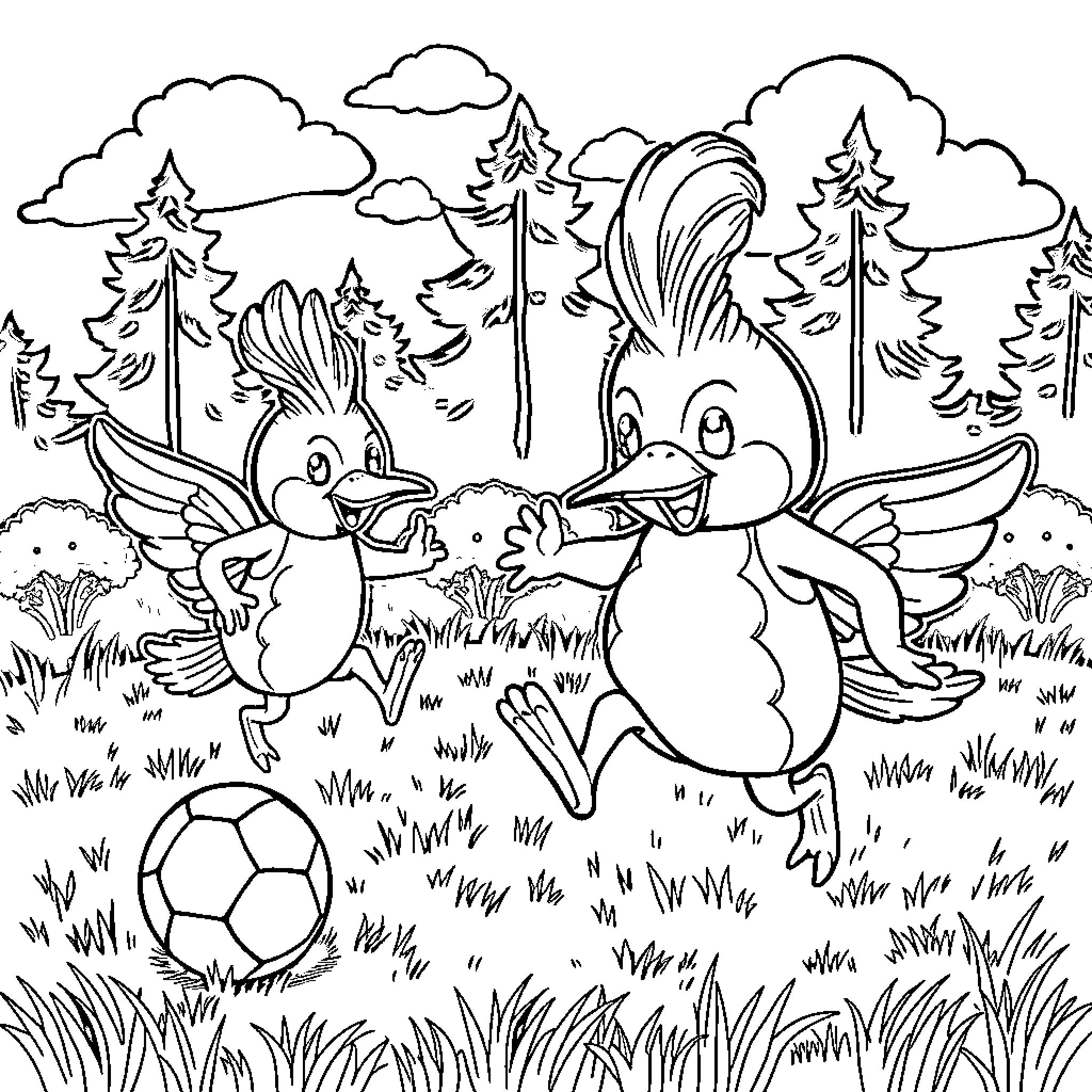 Squishmallow animals playing happily in the forest Coloring Page (free black-and-white line drawing printable PDF for all, from beginners to advanced learners, including children, teens, adults, and seniors)