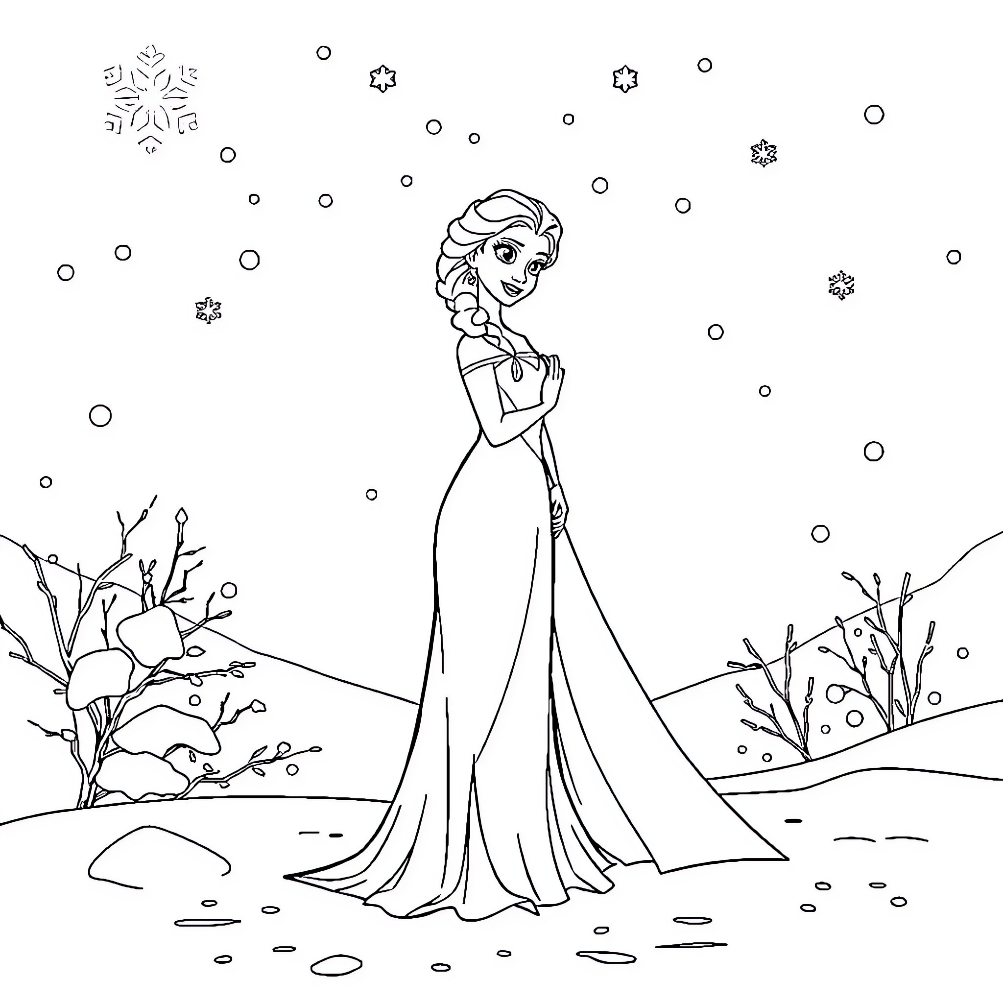Elsa standing gracefully in winter wonderland Coloring Page (free black-and-white line drawing printable PDF for all, from beginners to advanced learners, including children, teens, adults, and seniors)