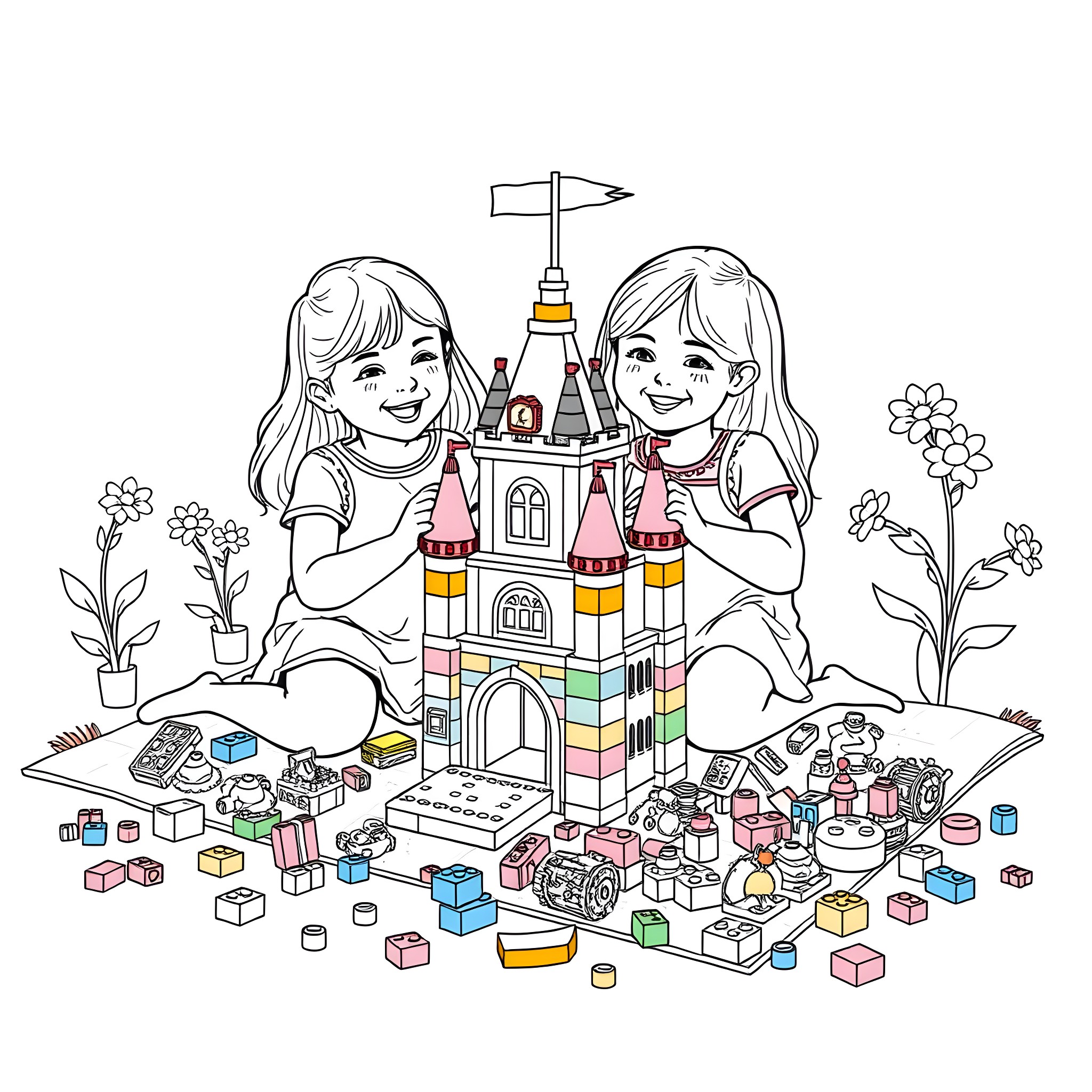 Girls playing with colorful toy castle Coloring Page (free black-and-white line drawing printable PDF for all, from beginners to advanced learners, including children, teens, adults, and seniors)