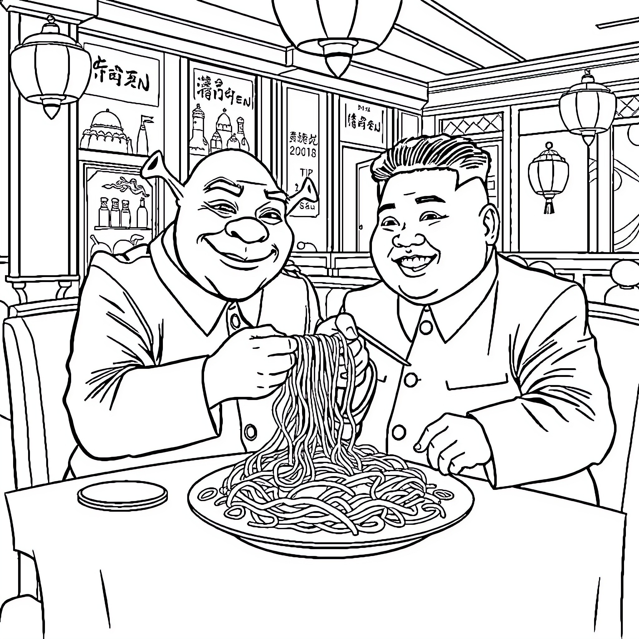 Shrek and friend enjoying noodles in a traditional restaurant Coloring Page (free black-and-white line drawing printable PDF for all, from beginners to advanced learners, including children, teens, adults, and seniors)
