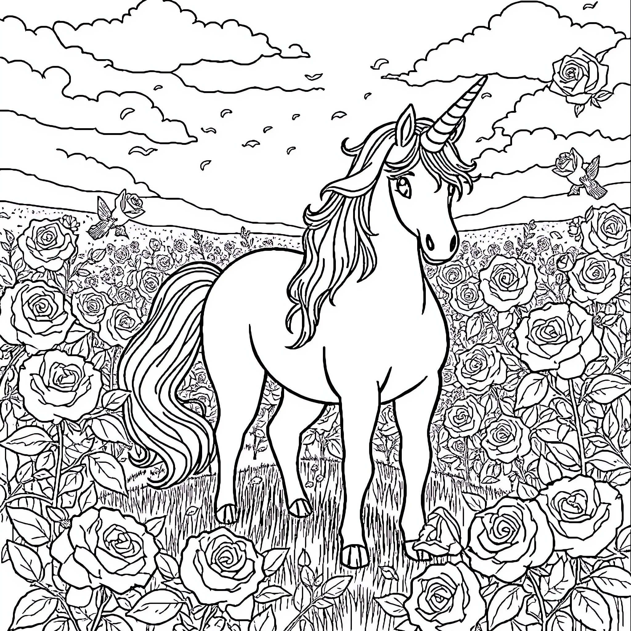 Unicorn amidst blooming roses and cloudy skies Coloring Page (free black-and-white line drawing printable PDF for all, from beginners to advanced learners, including children, teens, adults, and seniors)