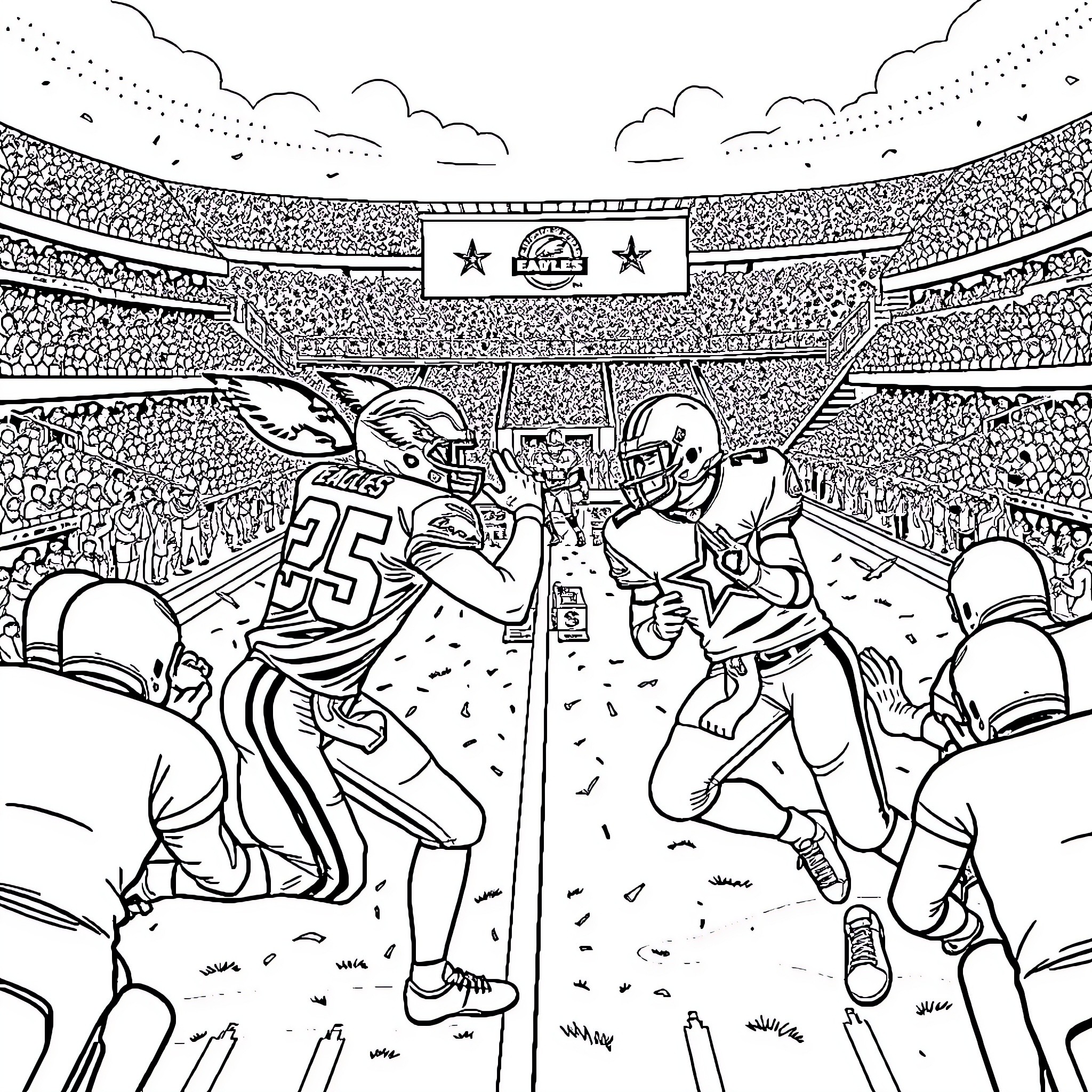 Eagles battling fiercely on the football field Coloring Page (free black-and-white line drawing printable PDF for all, from beginners to advanced learners, including children, teens, adults, and seniors)
